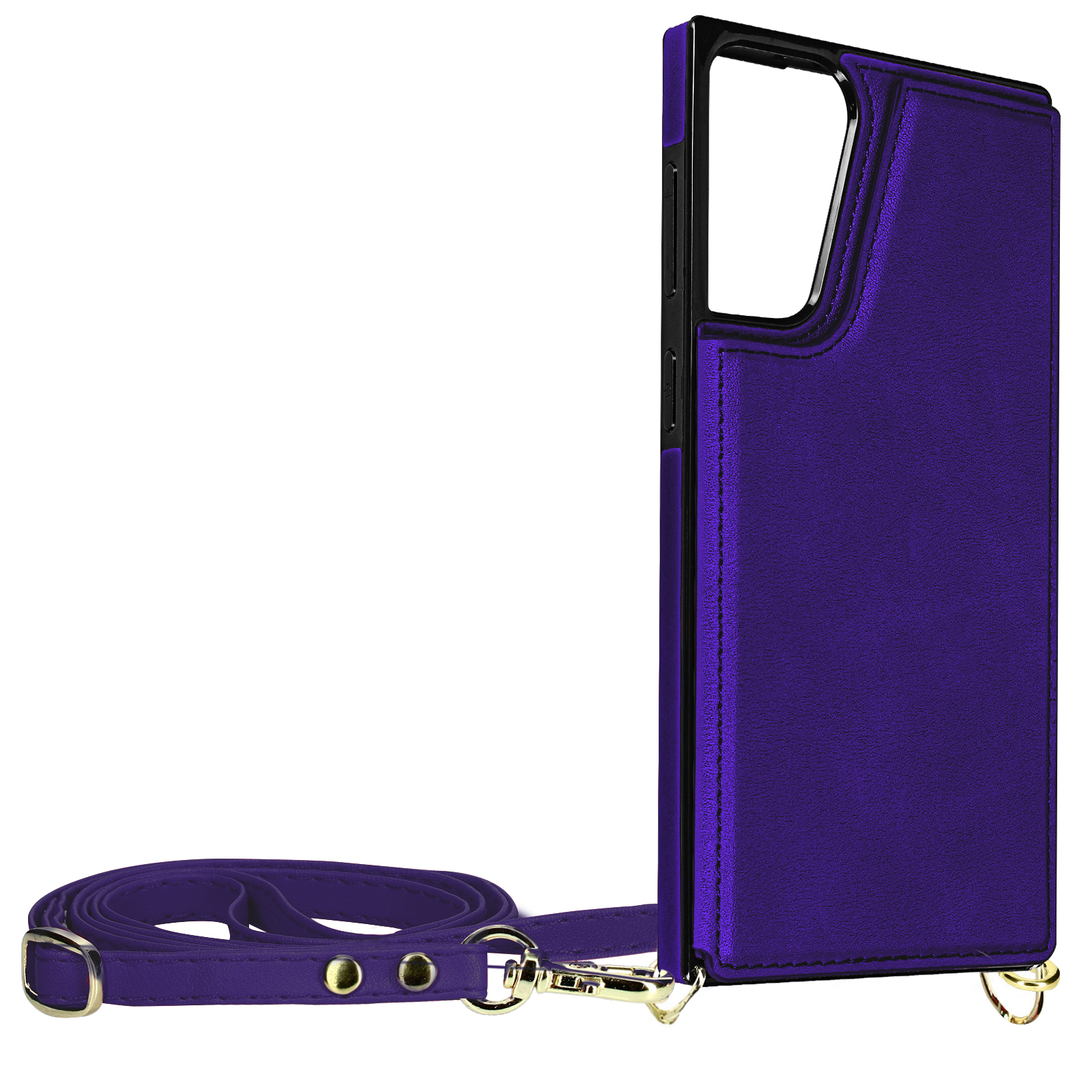 Una custodia per telefono viola con cinturino abbinato e hardware dorato, su sfondo bianco.