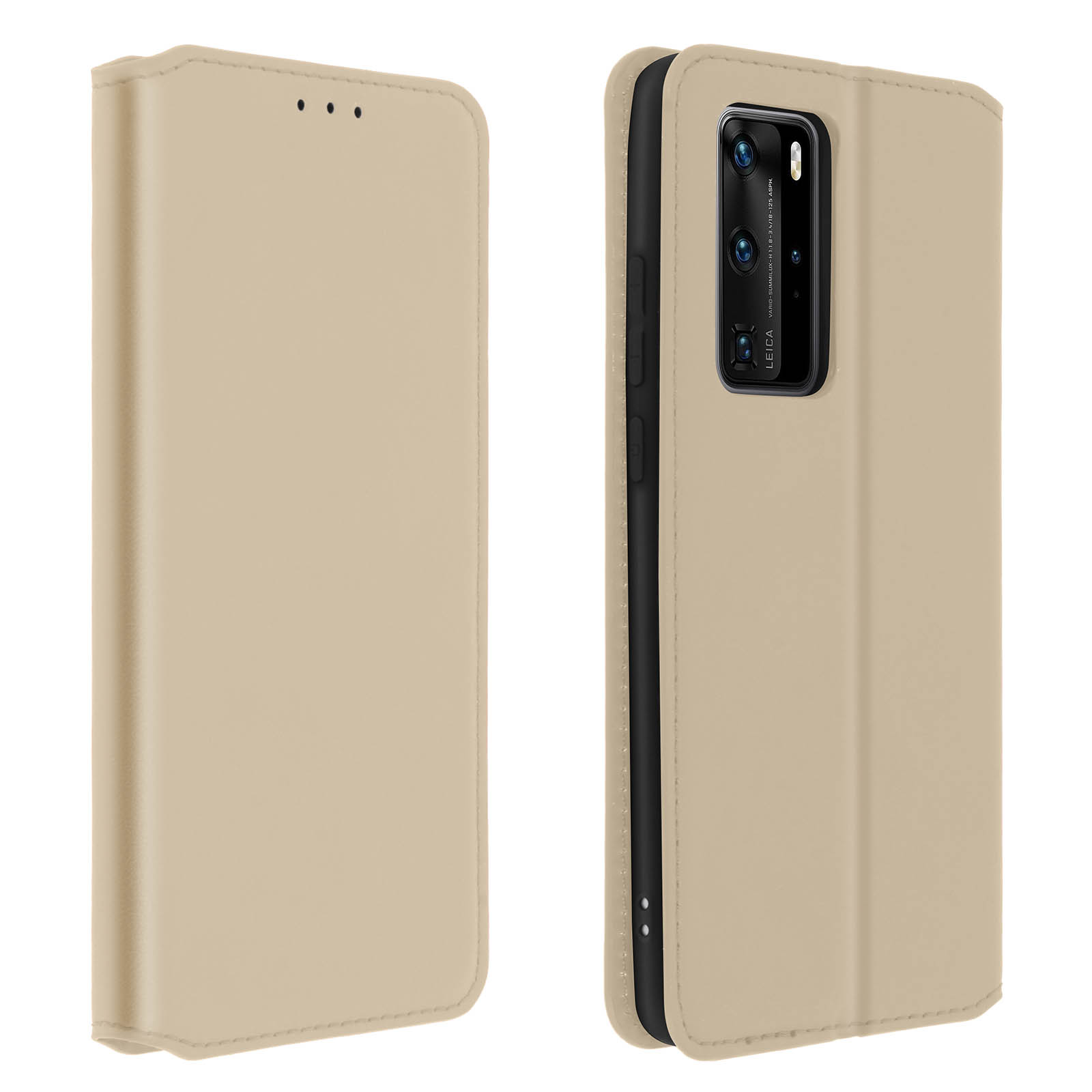 Étui de téléphone en cuir beige, fermé. Montre le devant. Trois petits trous en haut.