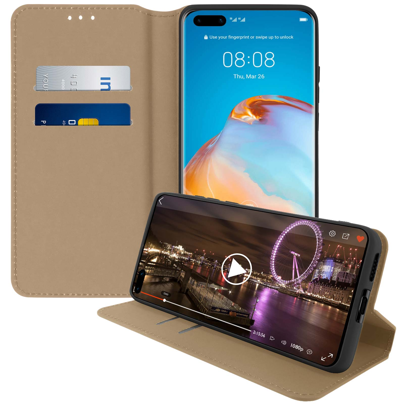 Téléphone dans un étui avec des cartes. Vidéo en cours de lecture.