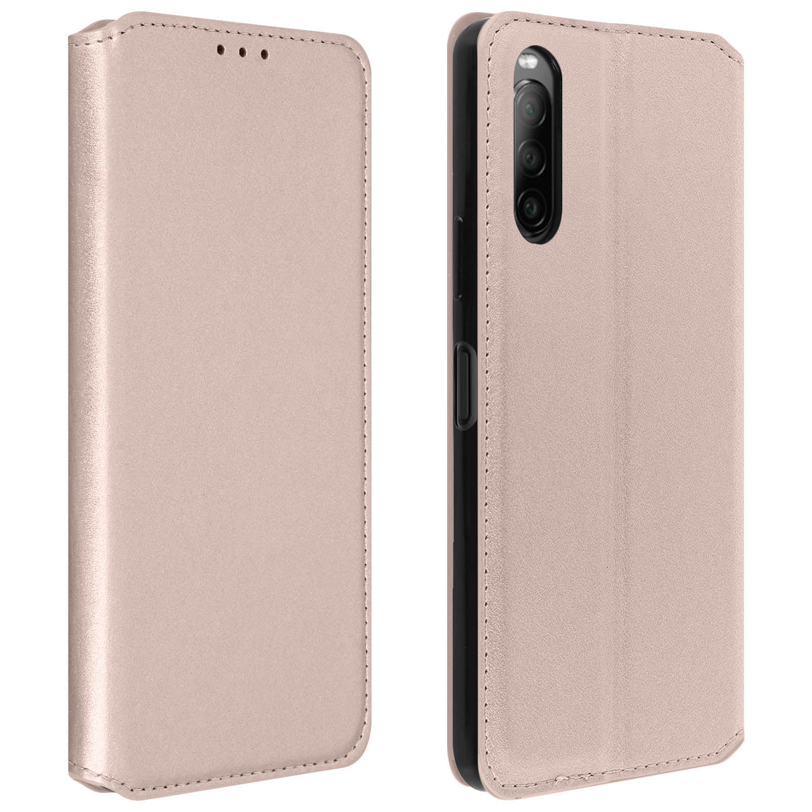 Custodia per telefono in pelle rosa, chiusa e aperta. Telefono nero visibile all'interno.