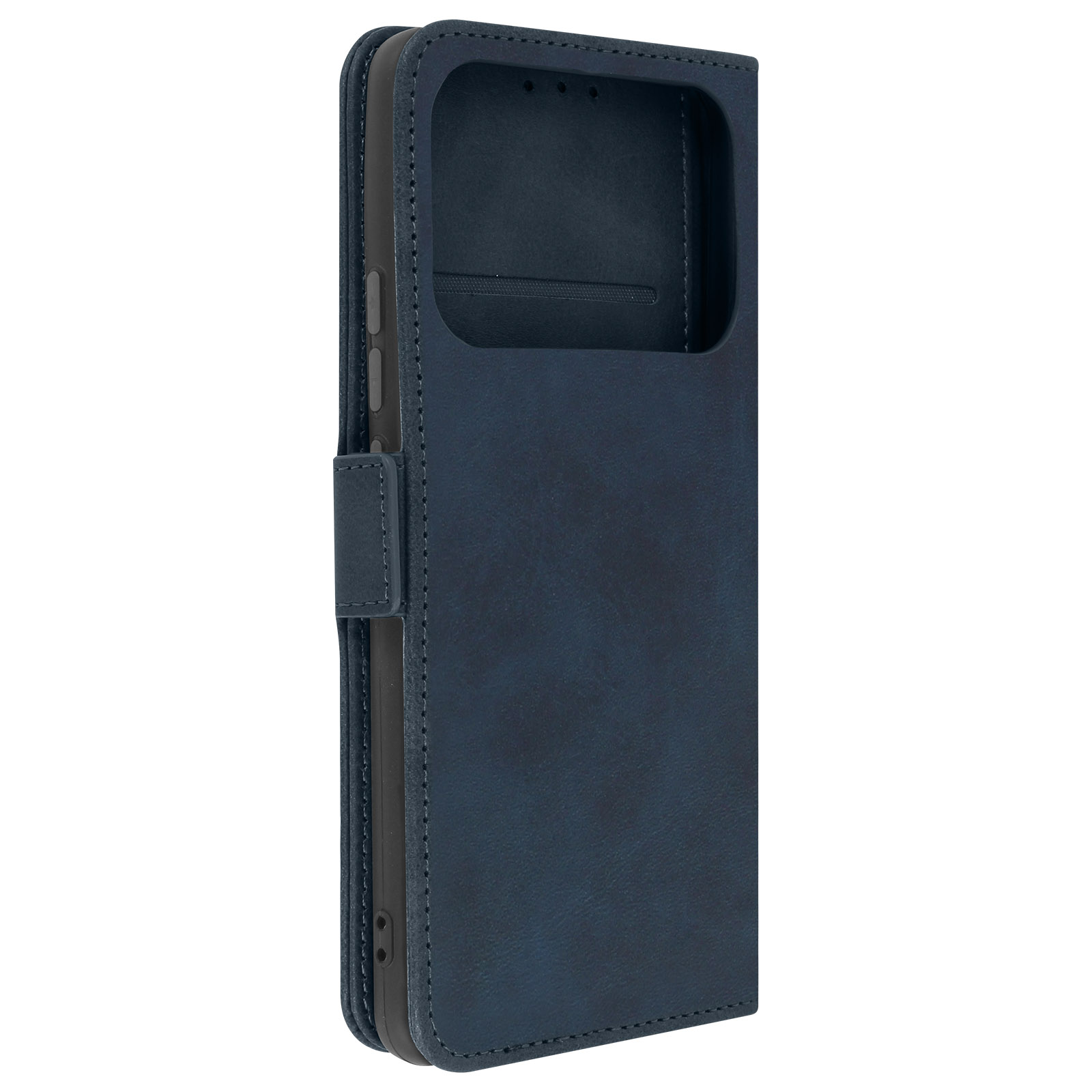 Custodia per telefono in pelle blu, aperta per mostrare il telefono. Ha uno slot per schede.