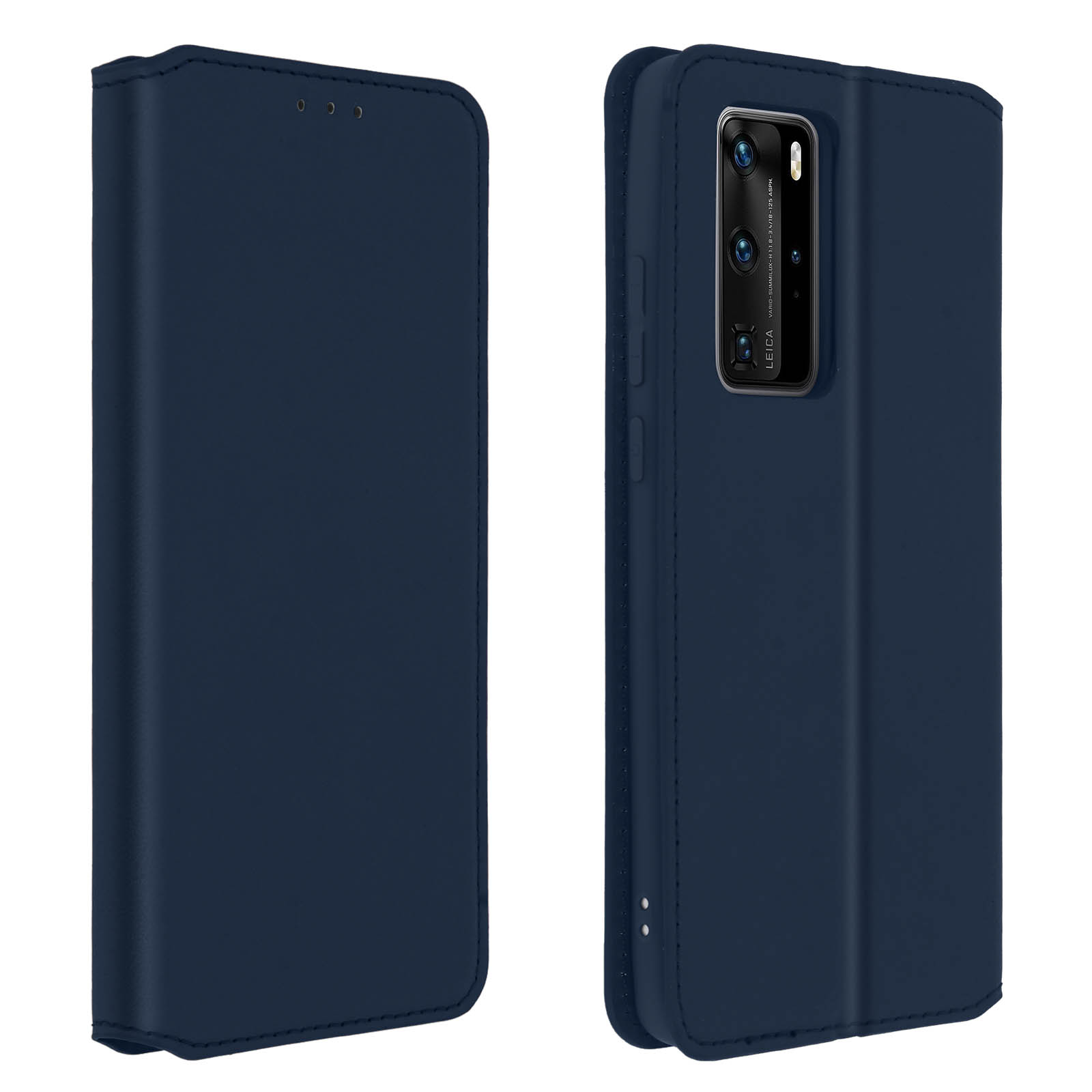 Marineblauwe leren telefoonhoes, links gesloten, rechts open.