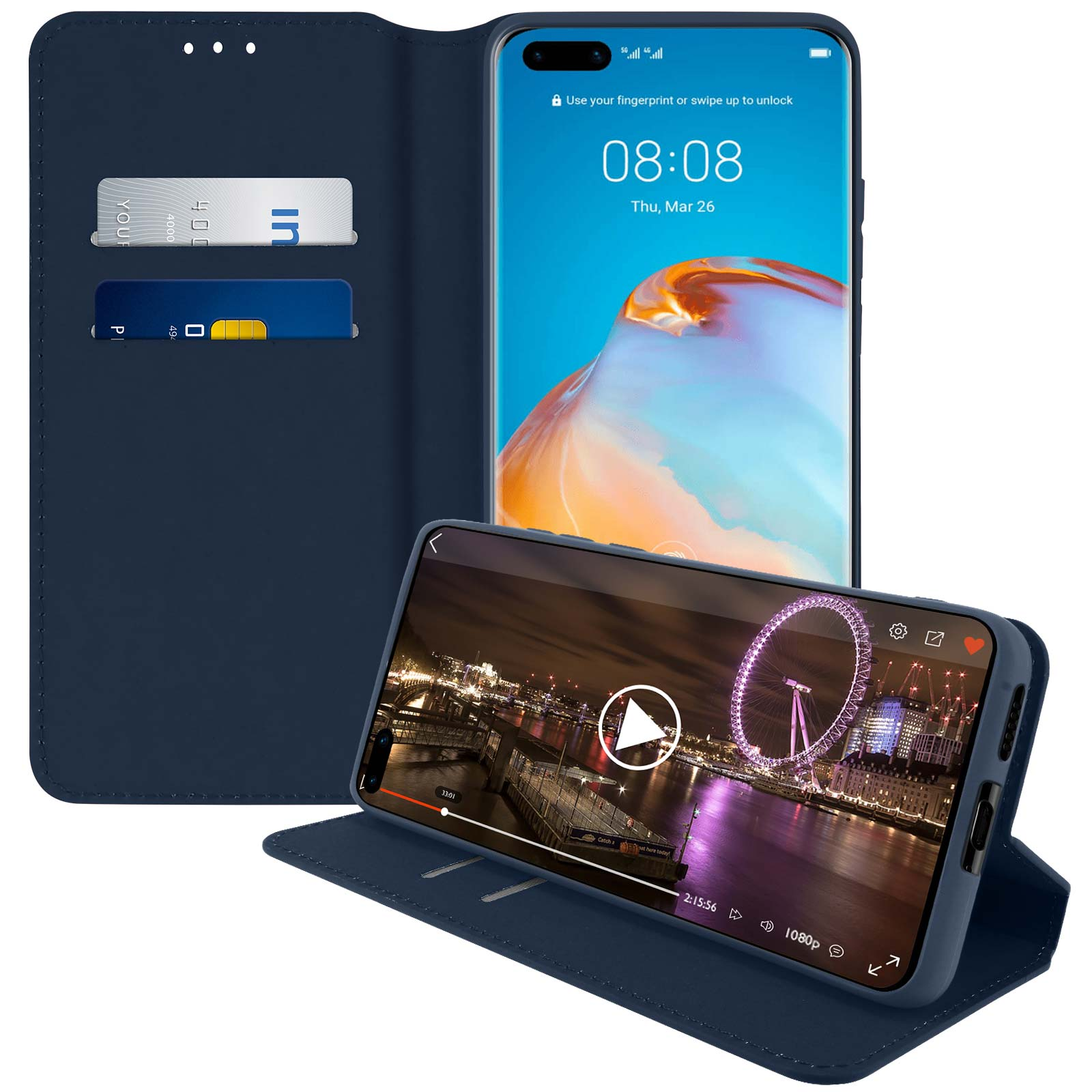 Un étui de téléphone bleu avec un téléphone à l'intérieur. Le téléphone affiche une vidéo en cours de lecture à l'écran.