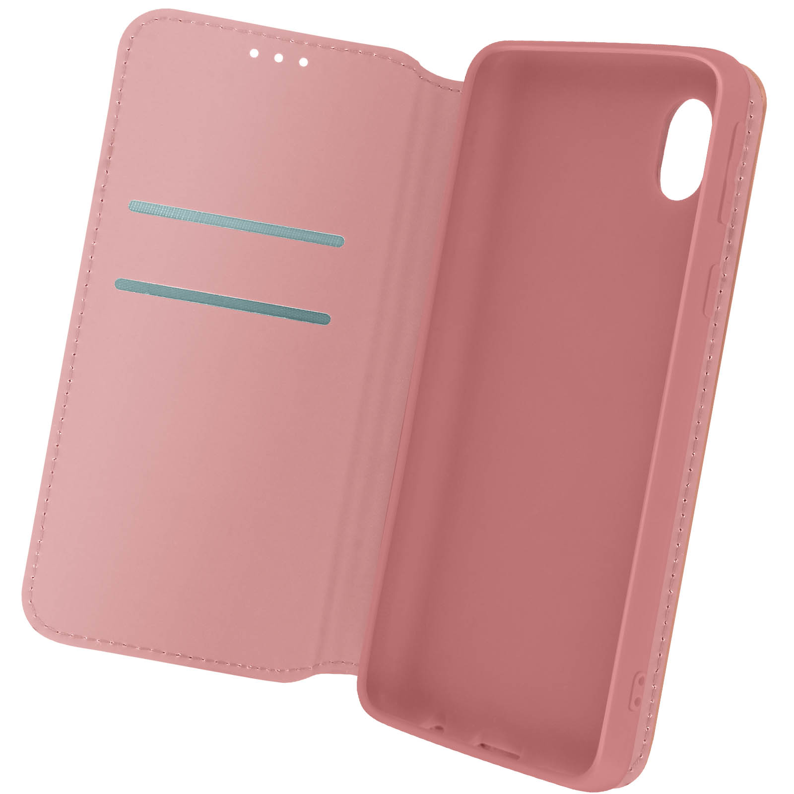 Étui de téléphone rose, ouvert, avec un intérieur en forme de téléphone. L'étui est ouvert, montrant l'intérieur.