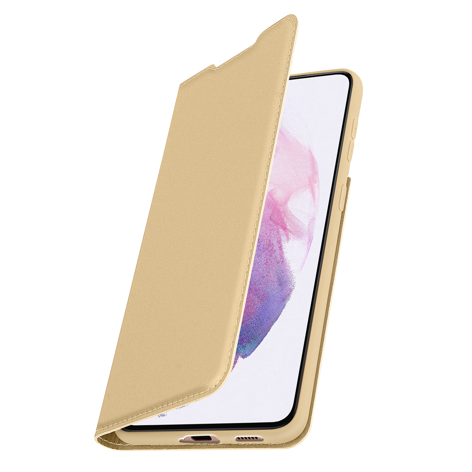 Goldene Handyhülle mit einem Telefon darin. Die Hülle ist offen und zeigt den Telefonbildschirm.