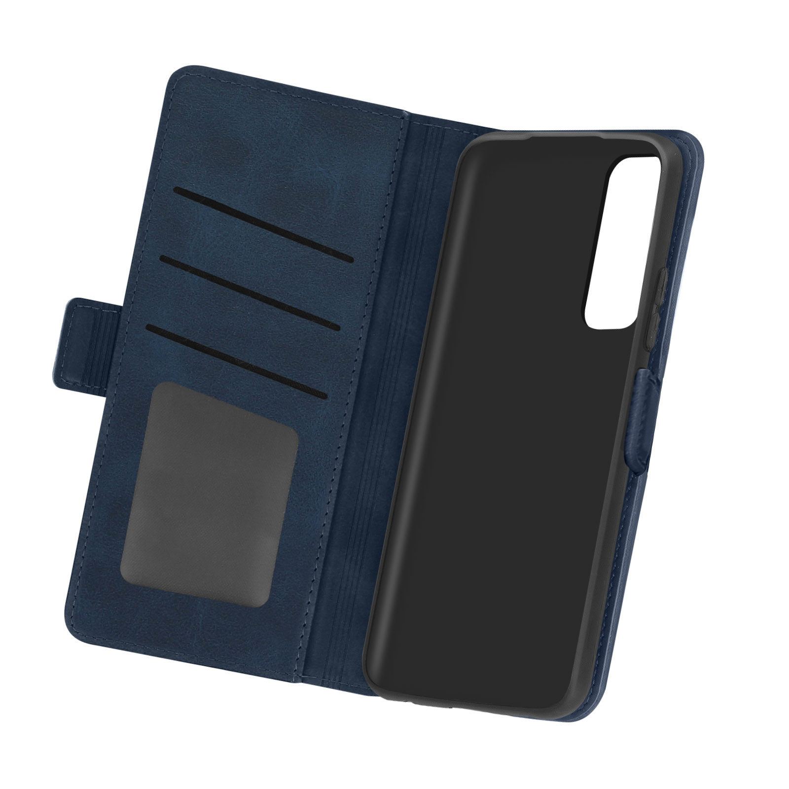 Dunkelblaue Handyhülle geöffnet. Telefon sitzt innen. Brieftaschenstil mit Kartenfächern.