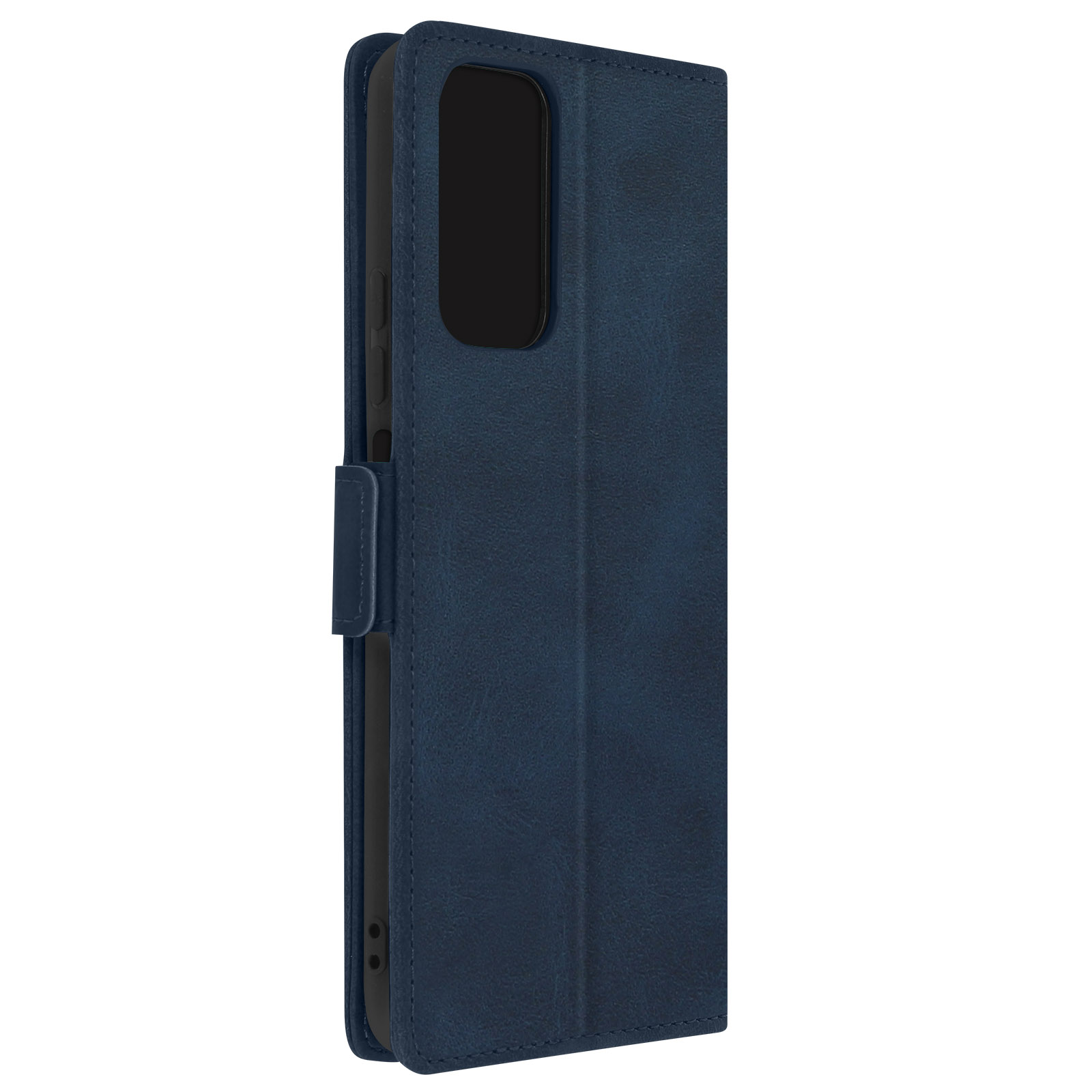 Eine blaue Leder-Handyhülle, geschlossen, isoliert auf weißem Hintergrund.
