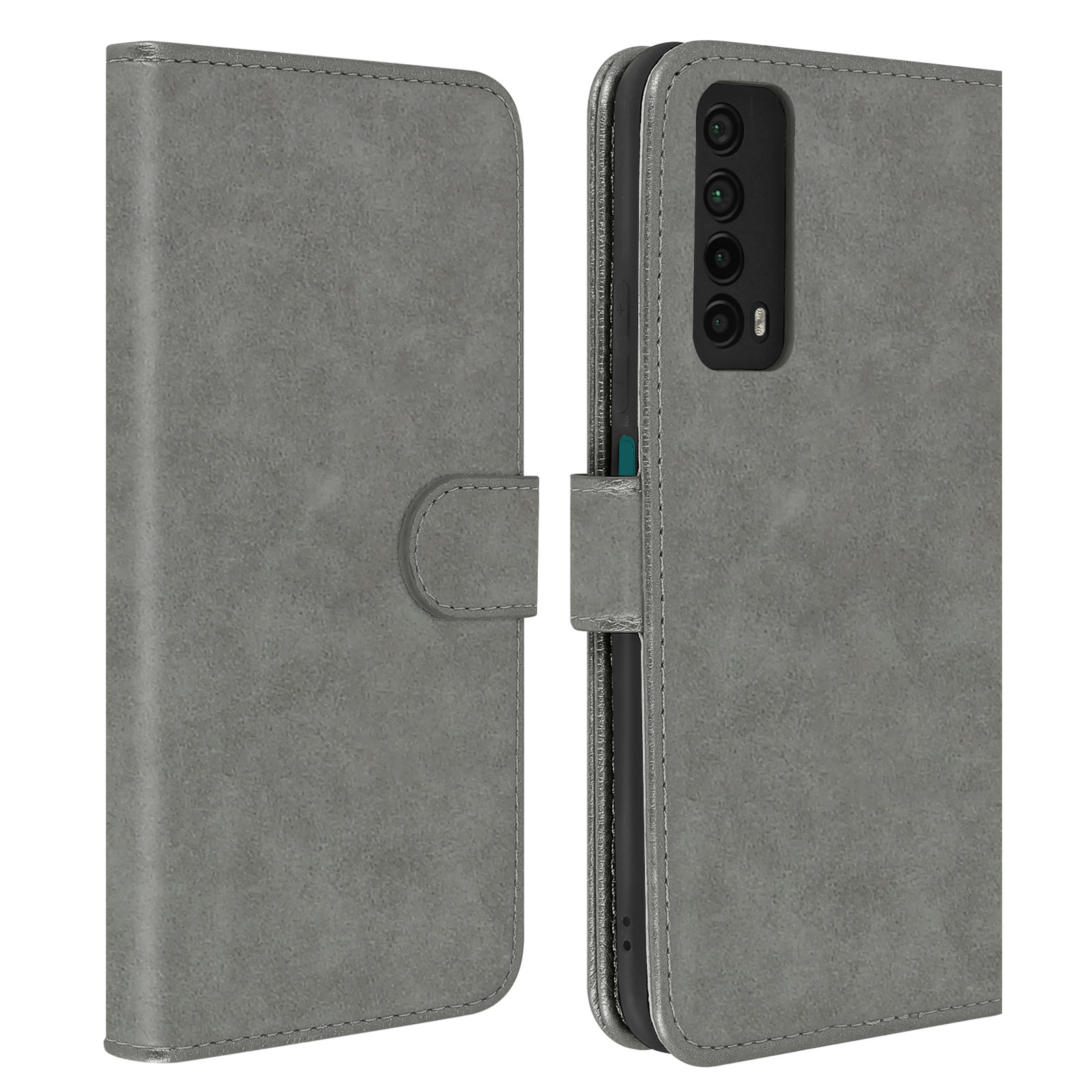 Custodia a portafoglio per telefono grigia aperta. Il telefono è dentro. Sfondo bianco. Chiusura magnetica visibile.