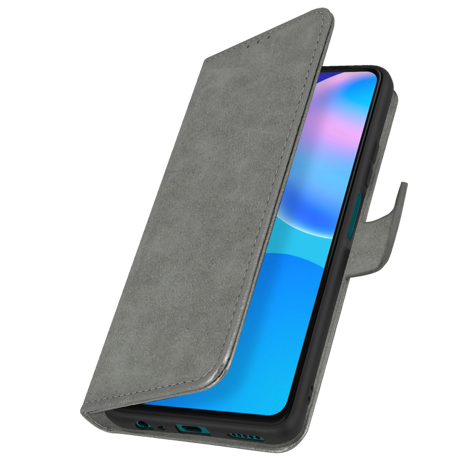 Una custodia per telefono grigia aperta, che rivela un telefono con schermo blu.
