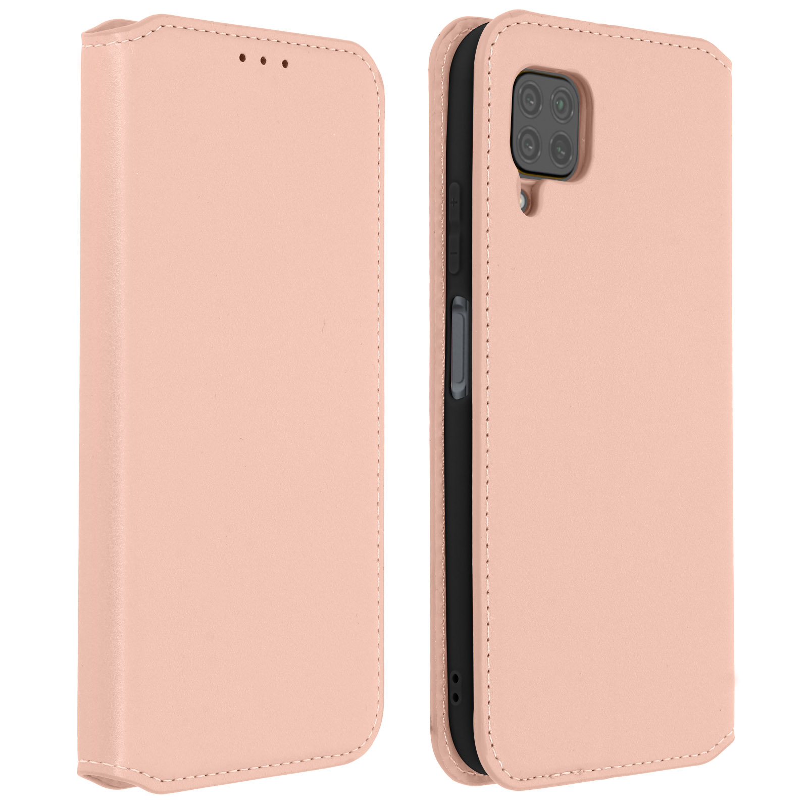 Roze telefoonhoes open en dicht. Binnenin toont telefoon met cameralenzen.