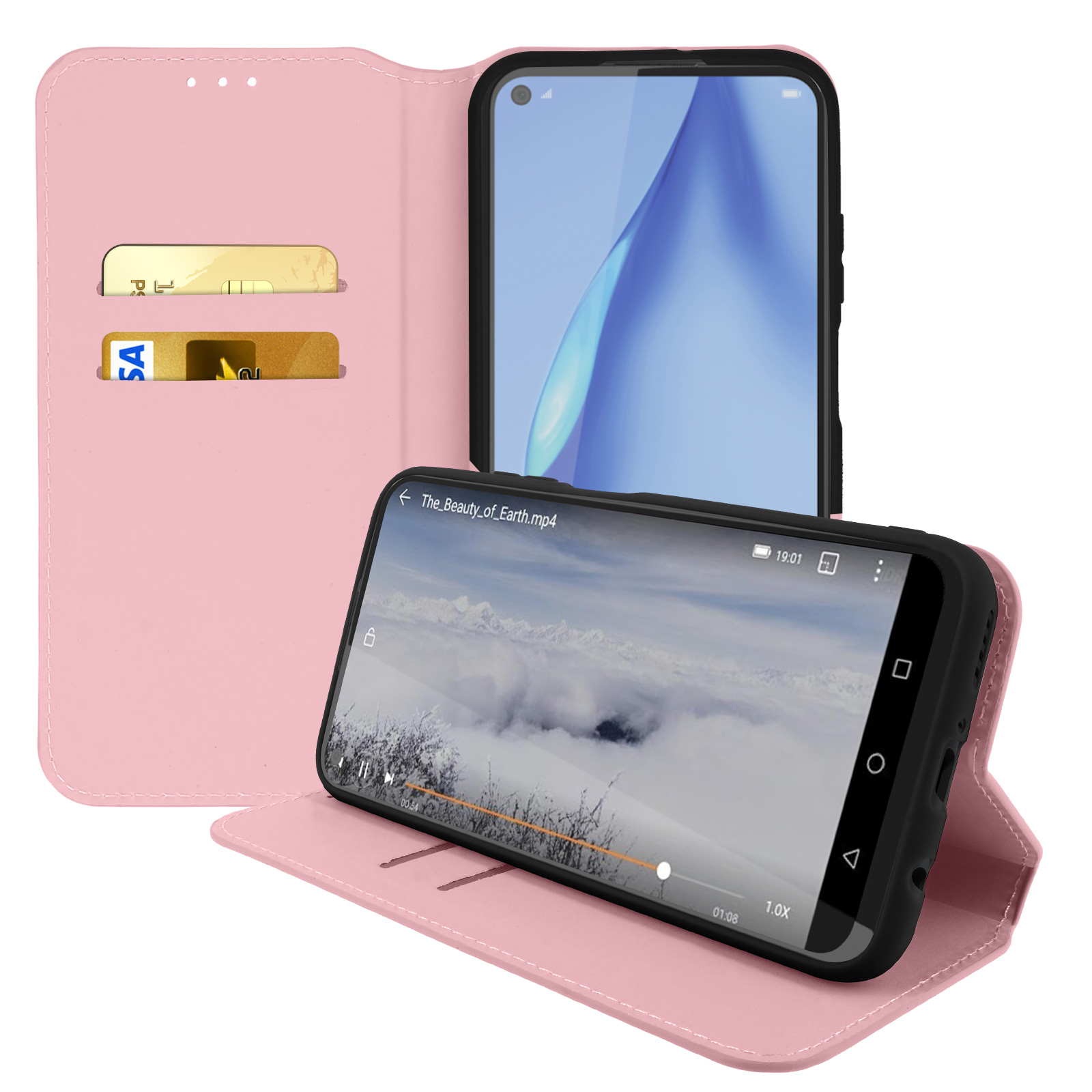 Een roze telefoonhoes, open, met een telefoon erin die een video toont.