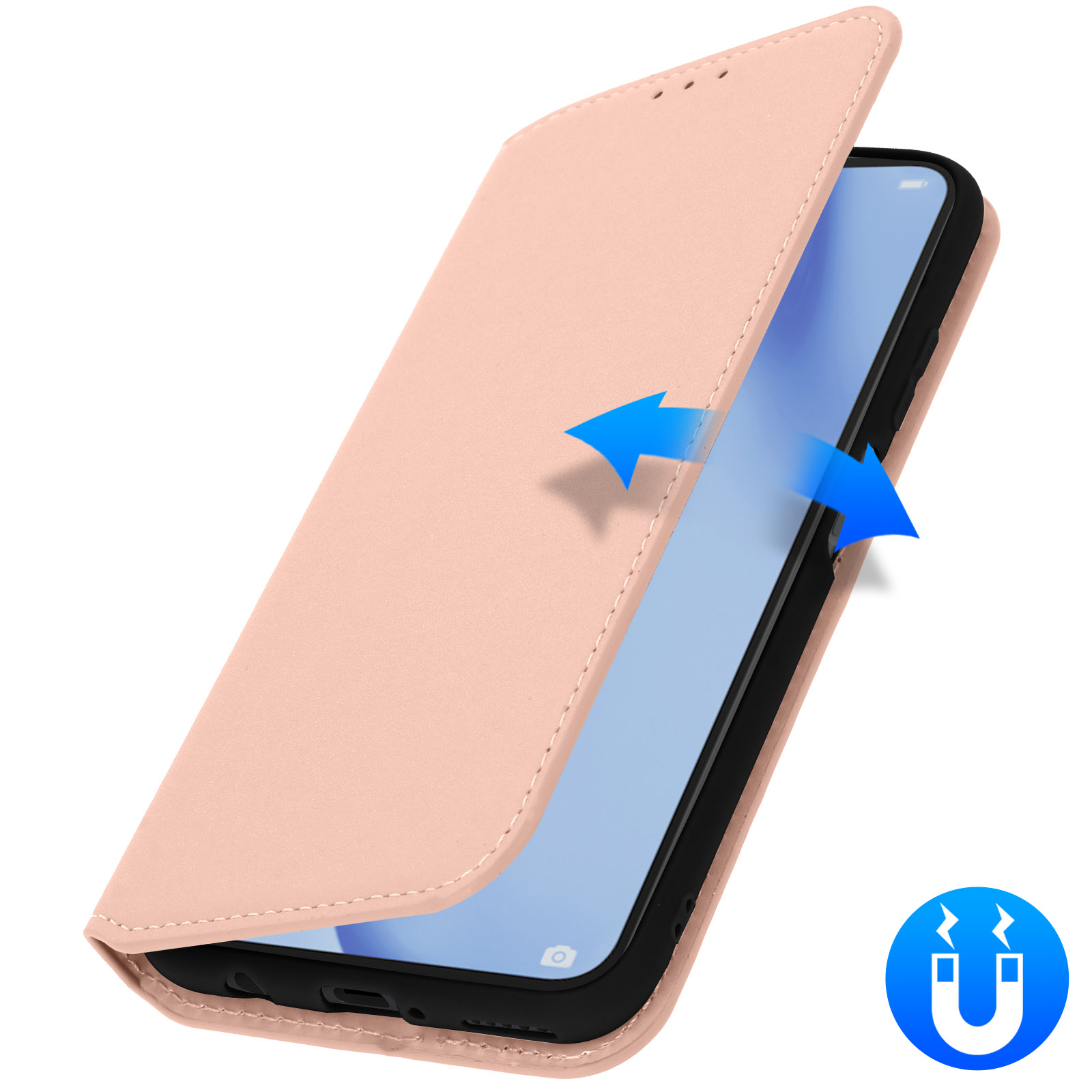 Een roze telefoonhoesje is open en onthult een telefoonscherm. Blauwe pijlen wijzen naar het scherm.