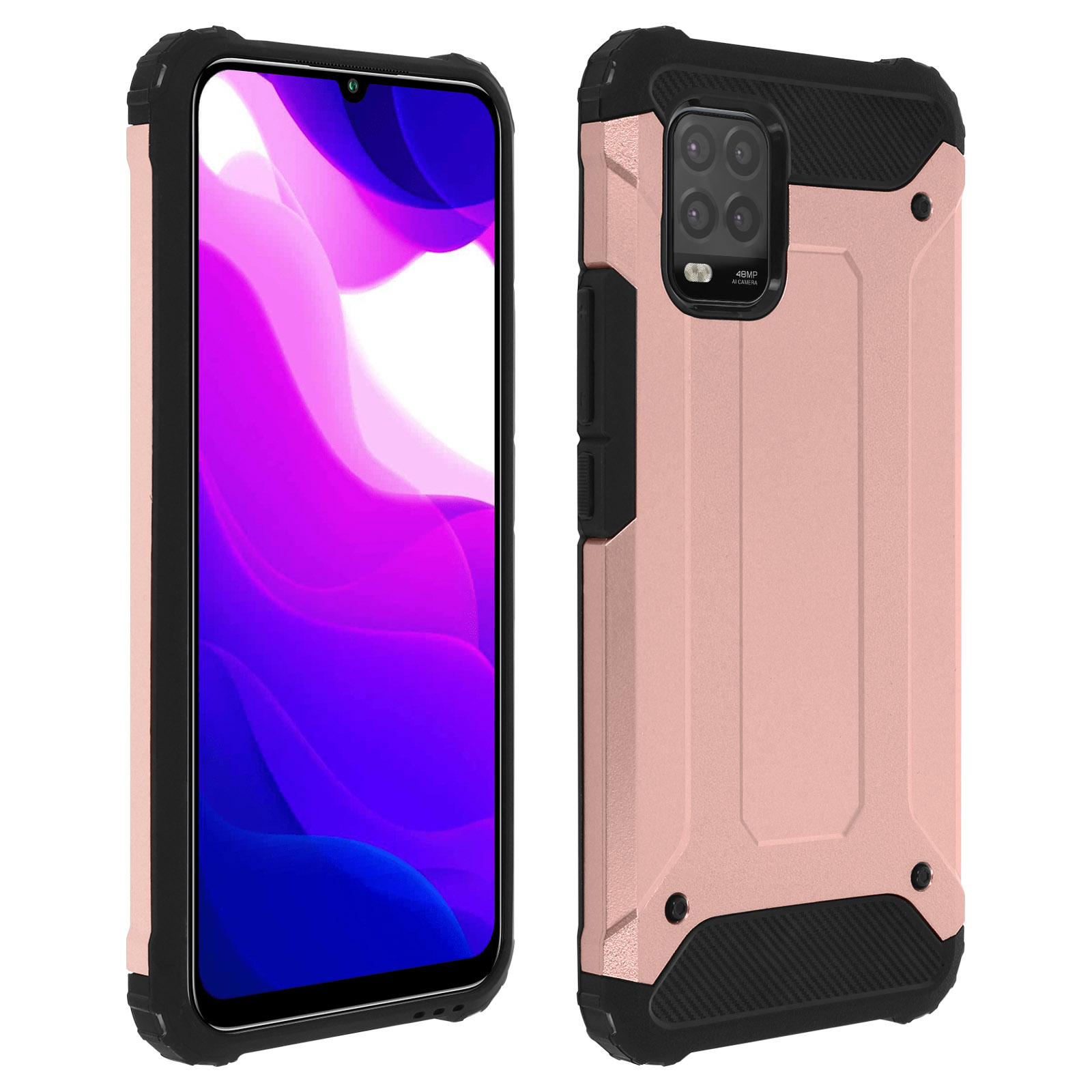 Custodia rosa e nera con un telefono all'interno. Lo schermo del telefono è visibile e mostra un'immagine a colori.