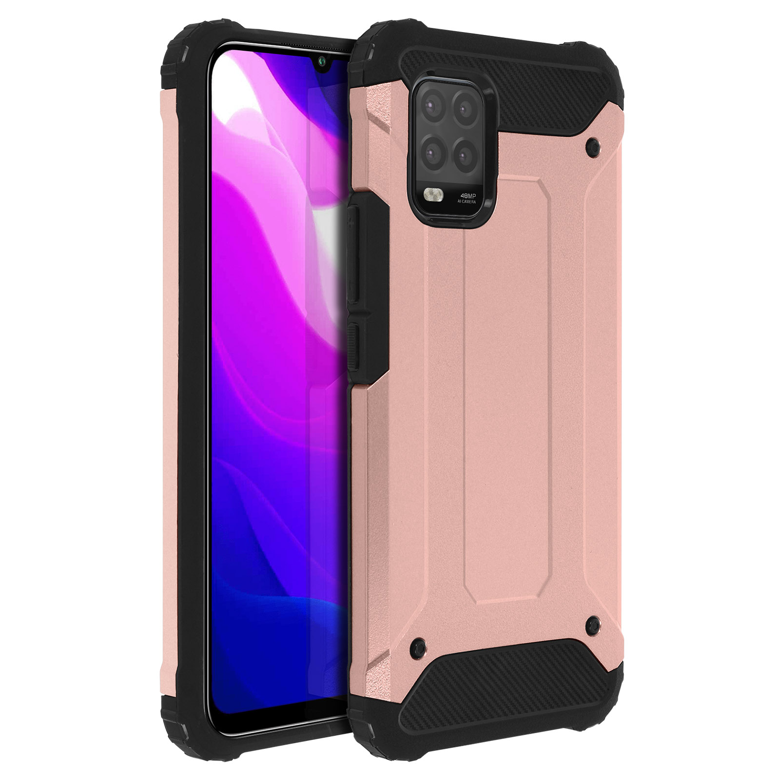 Custodia per telefono rosa e nera. Ha un'area fotocamera e un pulsante.