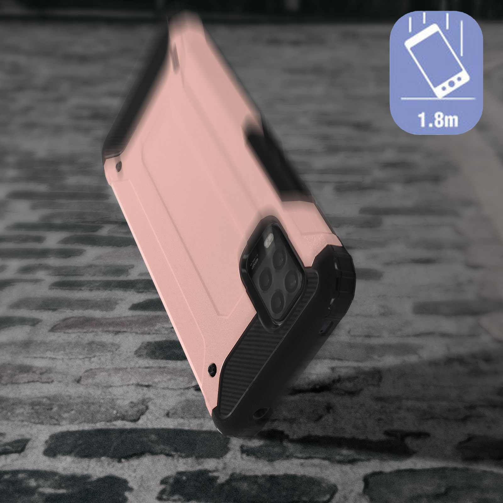 Custodia rosa che cade. Custodia nera e rosa su mattone grigio. Immagine che mostra protezione da caduta di 1,8 m.