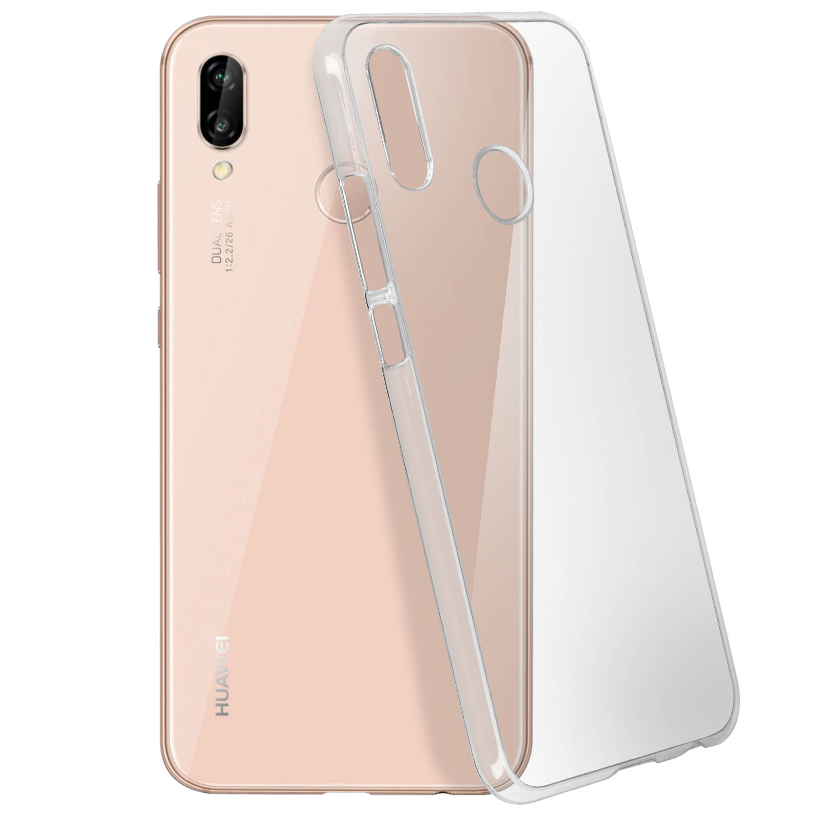 Una custodia trasparente su un telefono con retro rosa, che mostra i dettagli.