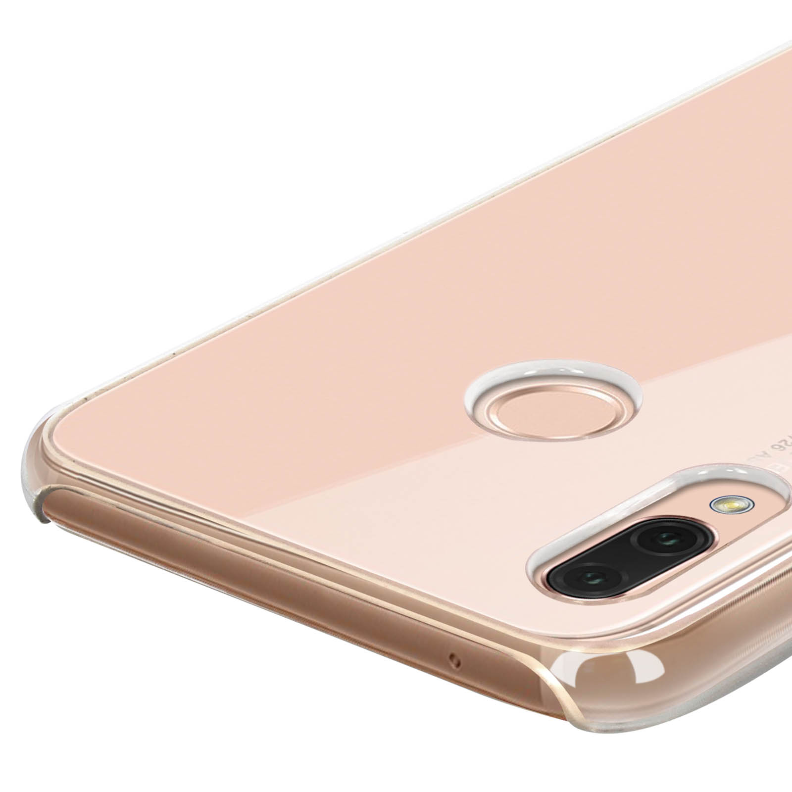 Primo piano di un telefono, custodia trasparente, colore rosa chiaro.