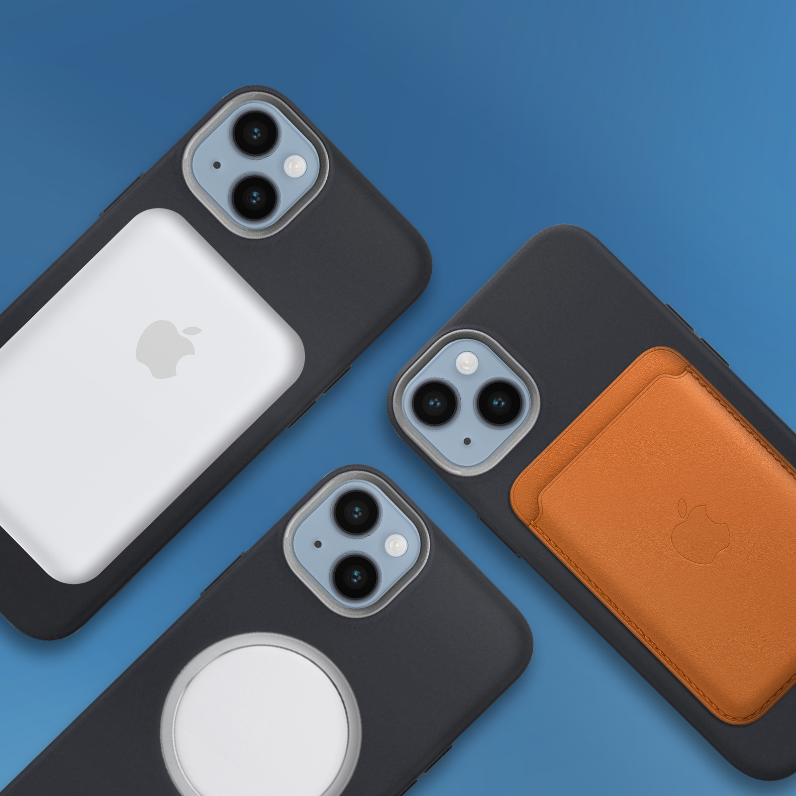 Tre custodie per telefoni con loghi Apple e accessori. Due sono nere e una arancione.