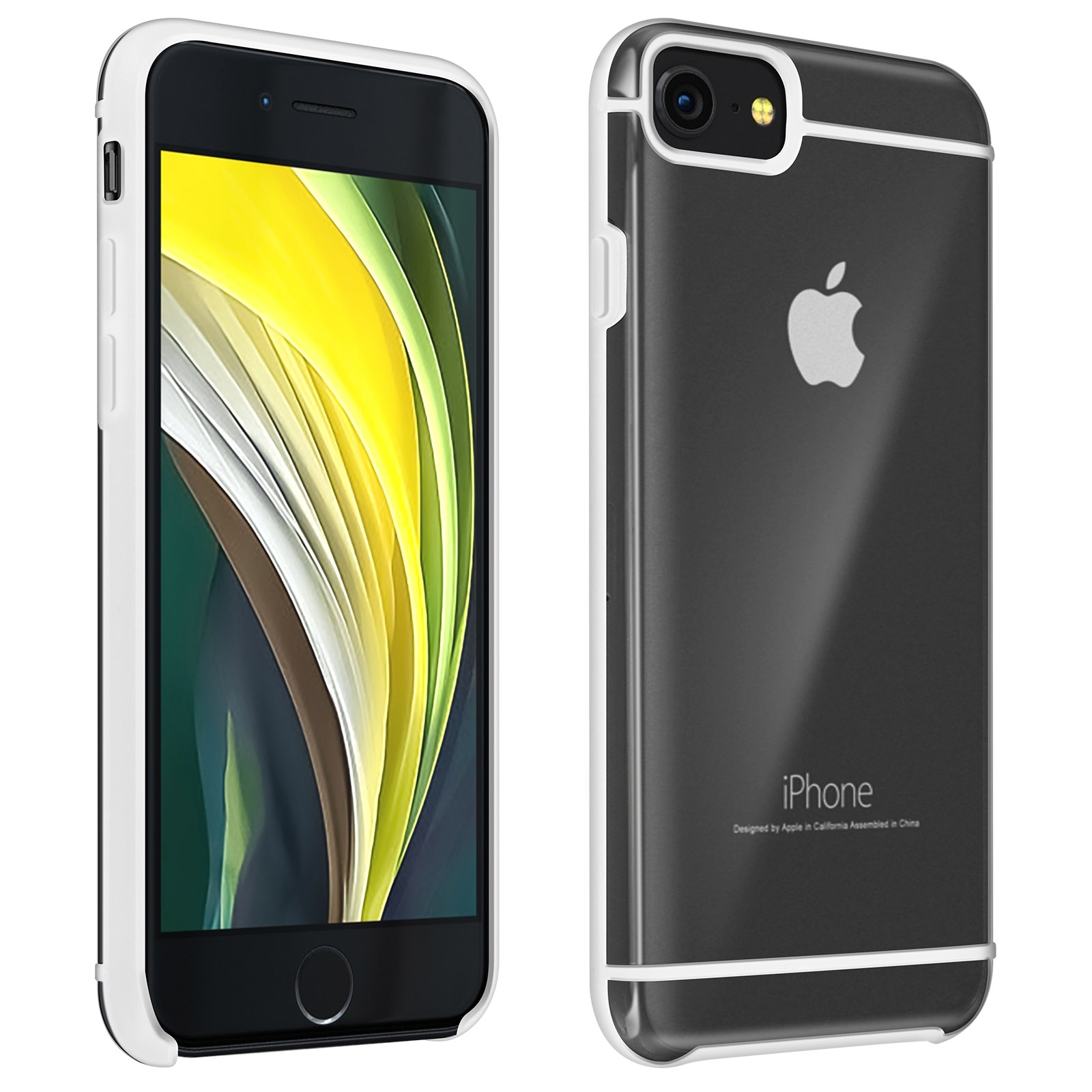 Due custodie per iPhone. Una a sinistra è nera, una a destra è trasparente con il logo Apple visibile.
