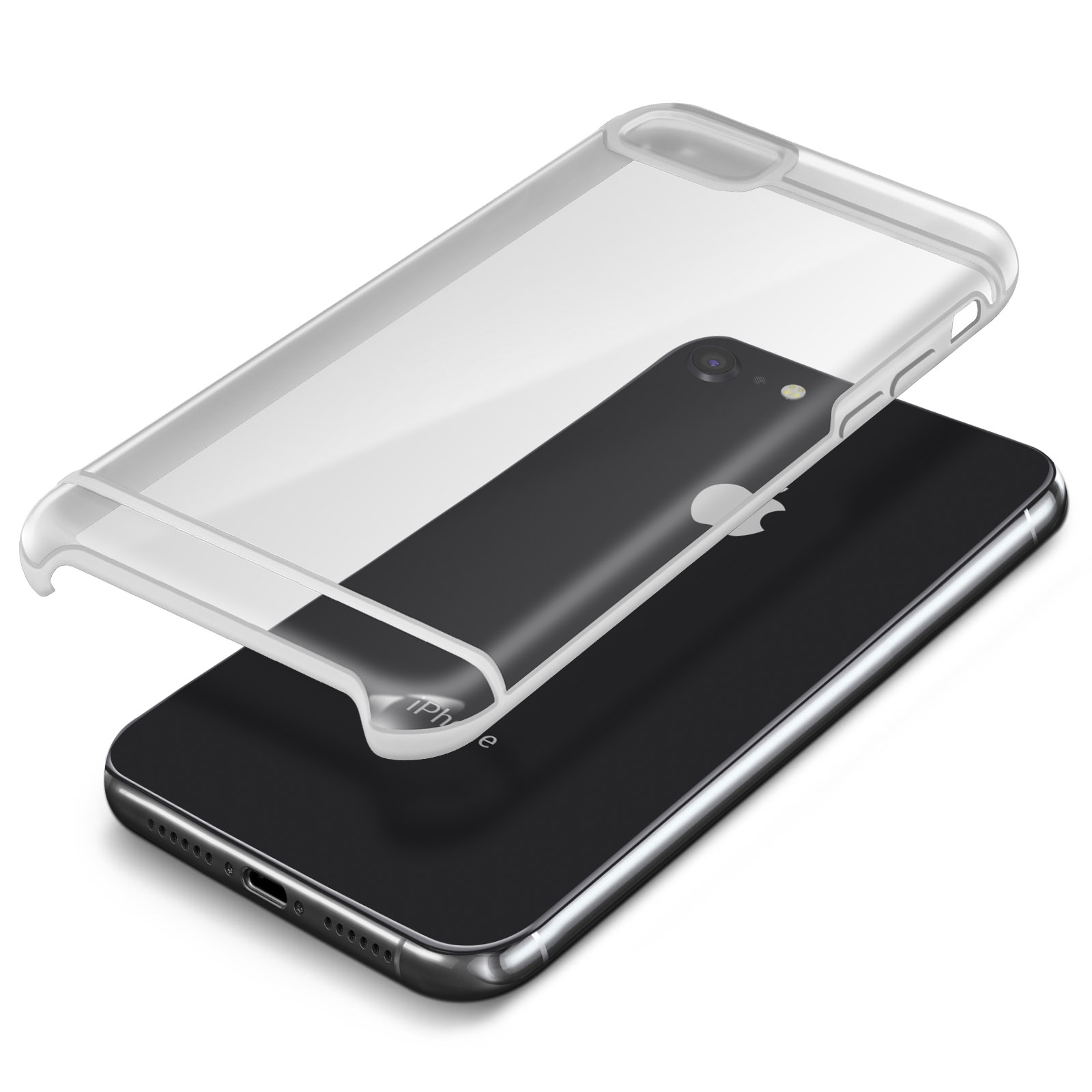 iPhone nero con custodia trasparente sopra. Il telefono è su una superficie bianca.