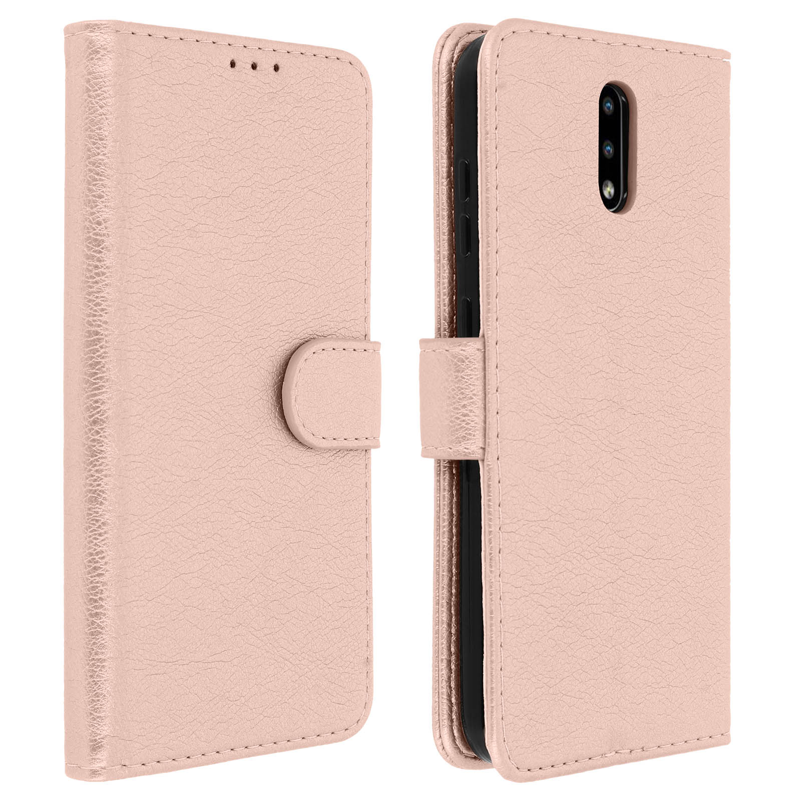 Custodia per telefono in pelle rosa. La custodia ha una copertura che si ripiega sullo schermo del telefono.