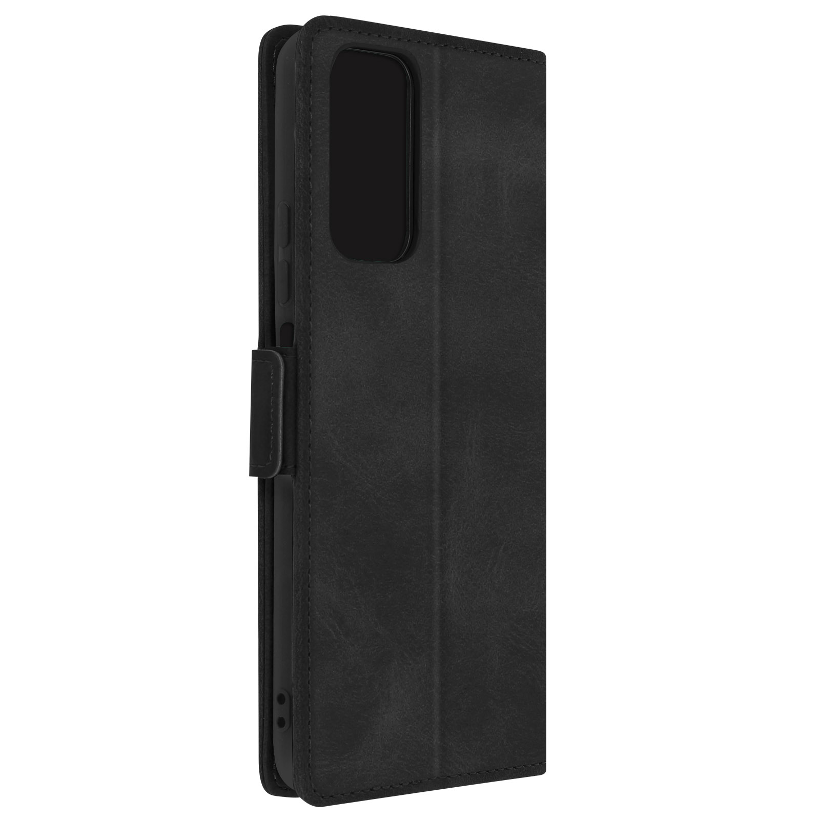 Schwarze Leder-Handyhülle. Es ist mit einem Verschluss geschlossen und hat ein Fenster.