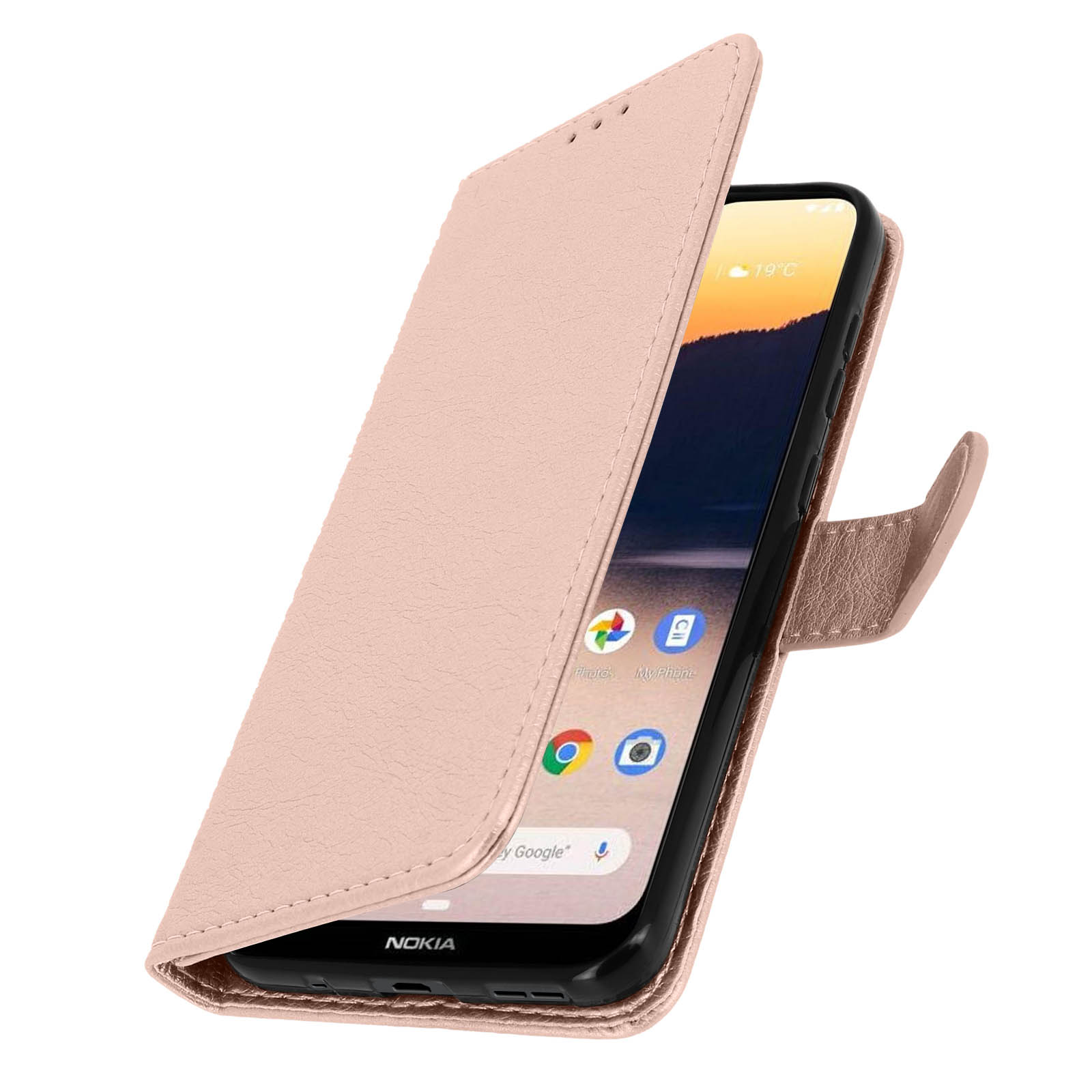Custodia rosa per telefono, aperta, mostra lo schermo. Logo Nokia visibile.