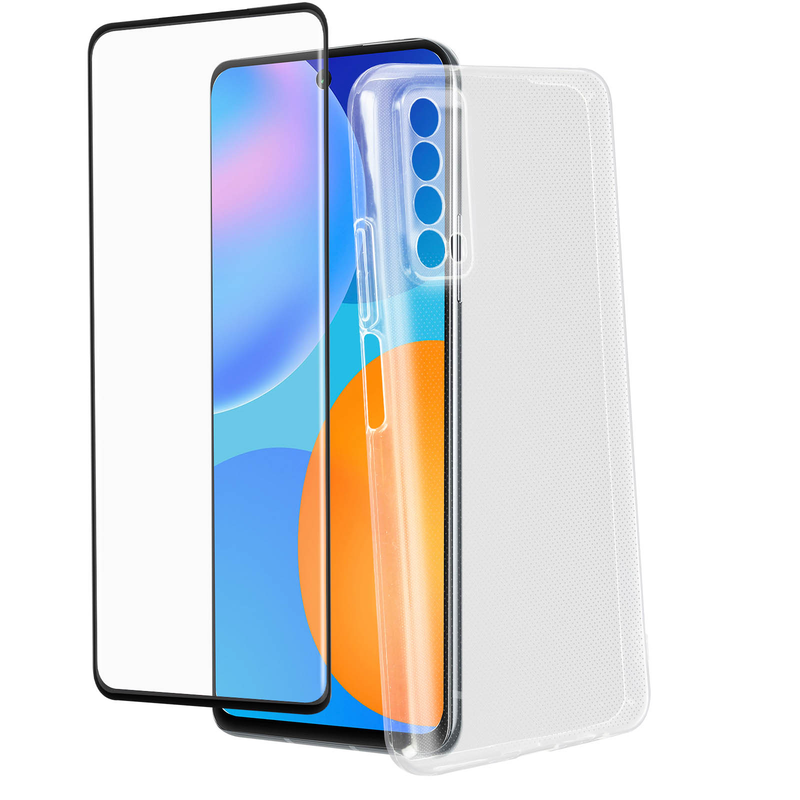Cellulare con protezione schermo e custodia. Telefono al centro di uno sfondo bianco.