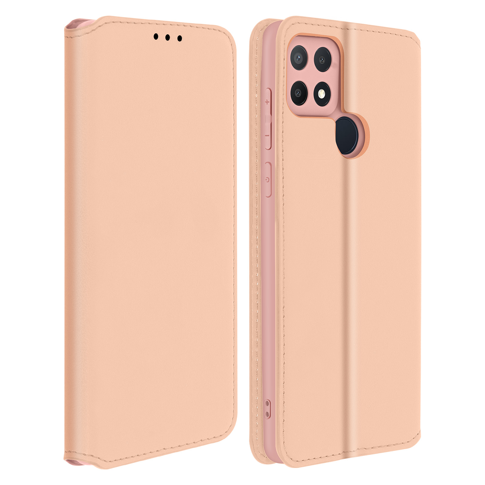 Custodia rosa per telefono. La custodia aperta rivela il telefono. Sfondo bianco.