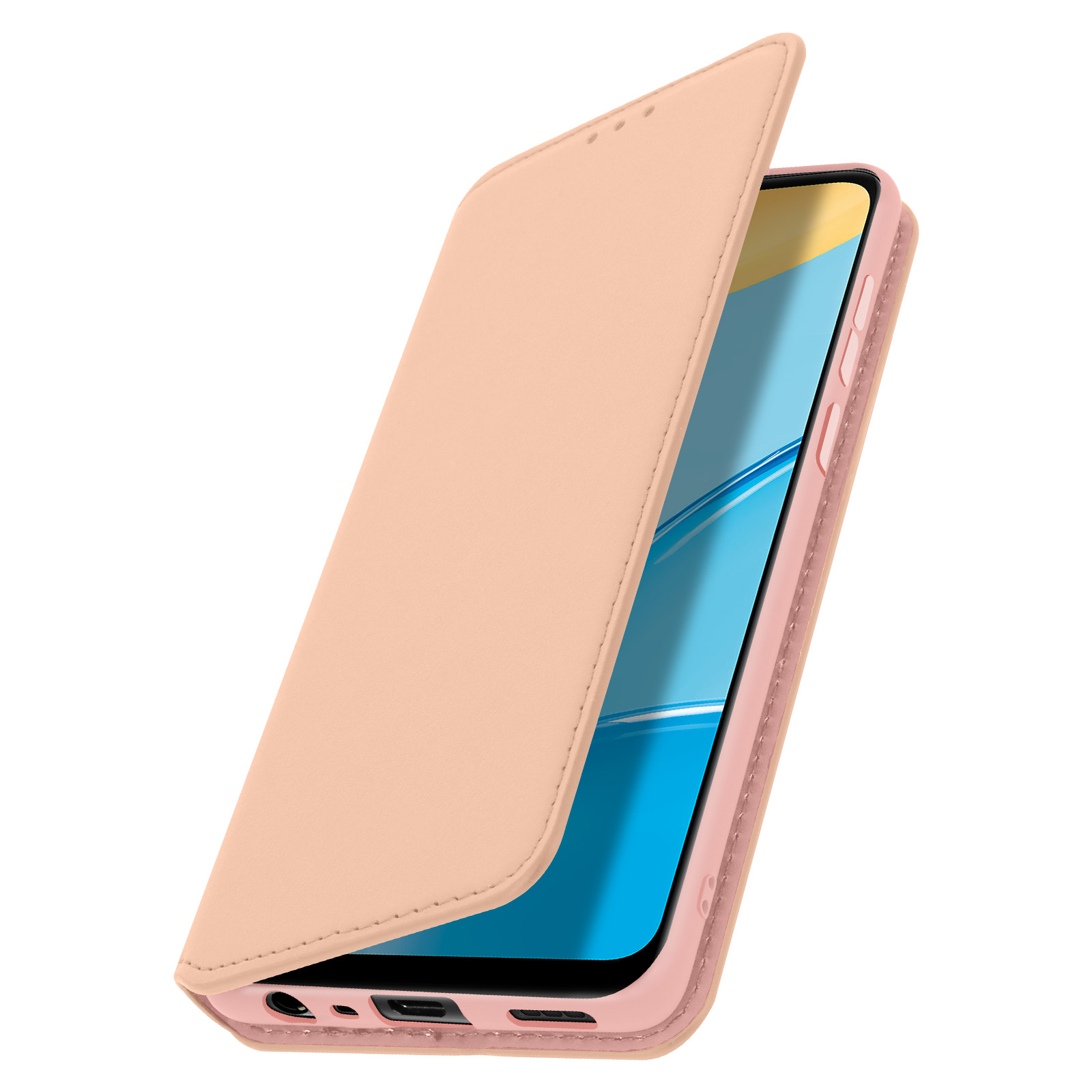 Custodia rosa per telefono aperta, che mostra lo schermo del telefono, su sfondo bianco.