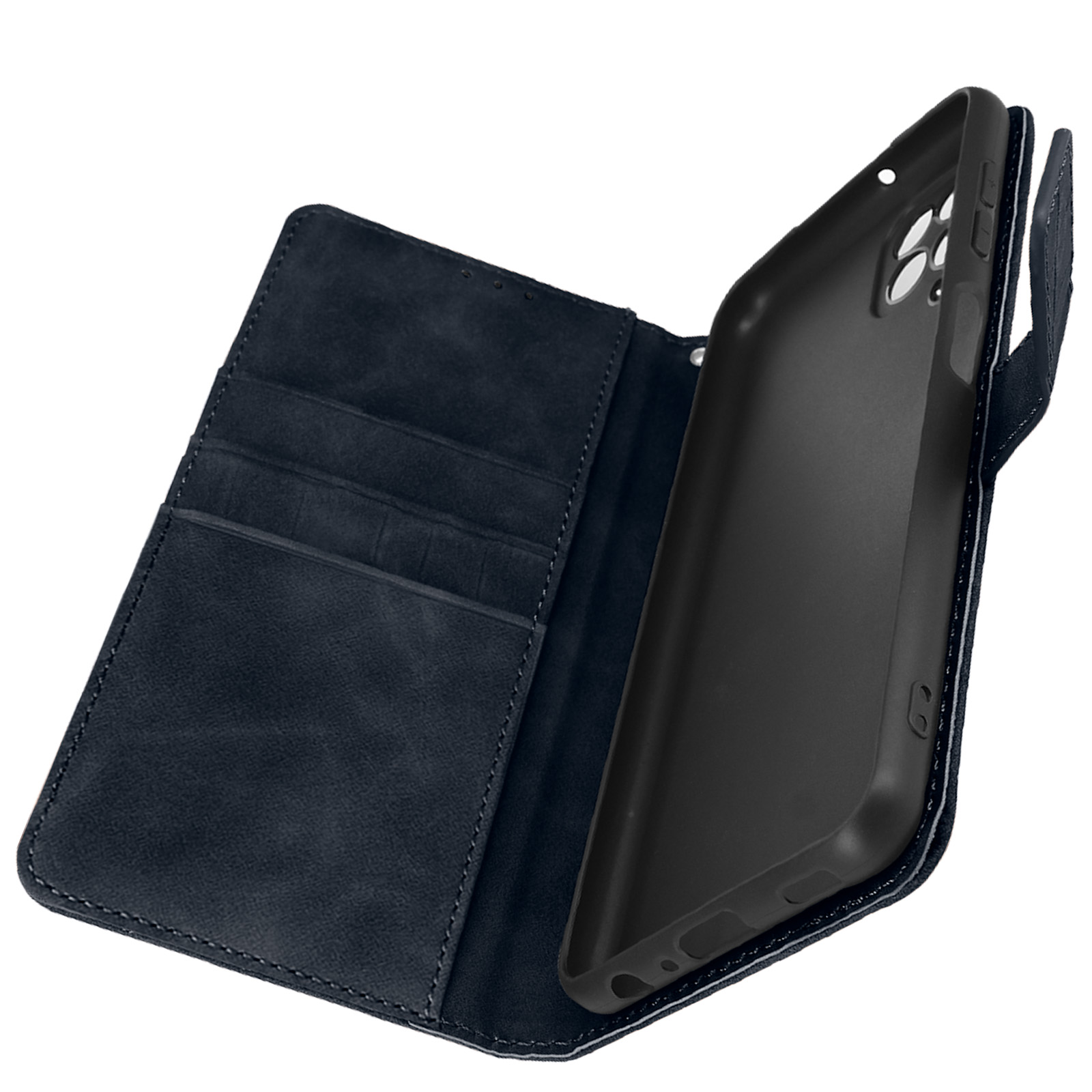 Una custodia blu scuro, aperta per rivelare un telefono, fessure per carte e una chiusura magnetica.