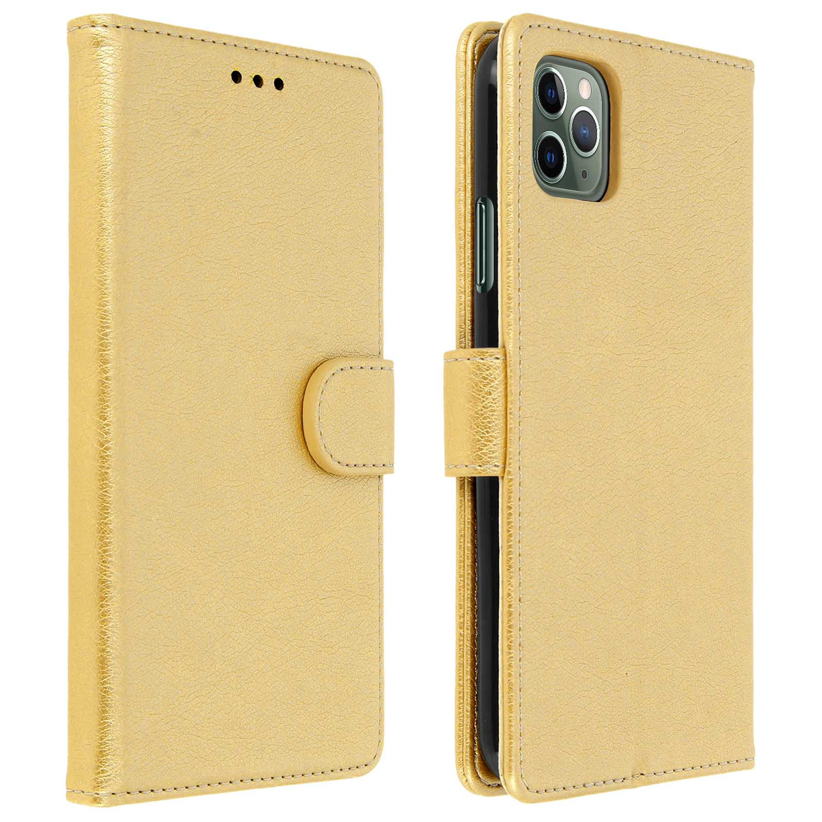 Gouden telefoonhoes, gesloten. Toont de voorkant. Knop en sluiting. Witte achtergrond.