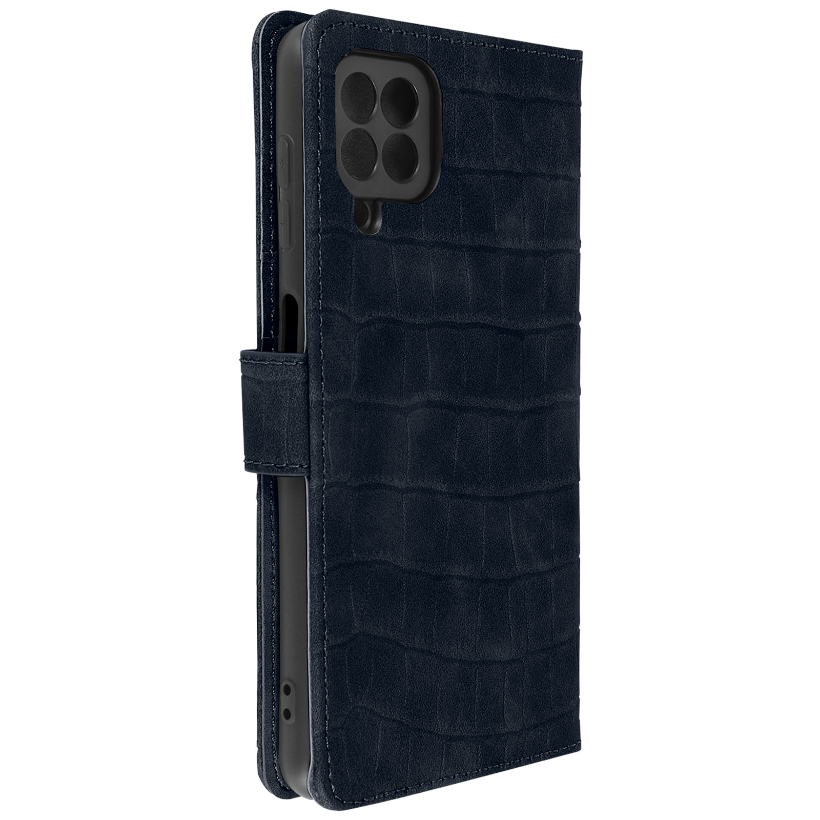 Custodia per telefono blu navy con texture coccodrillo, chiusa. Sezione fotocamera nera visibile.