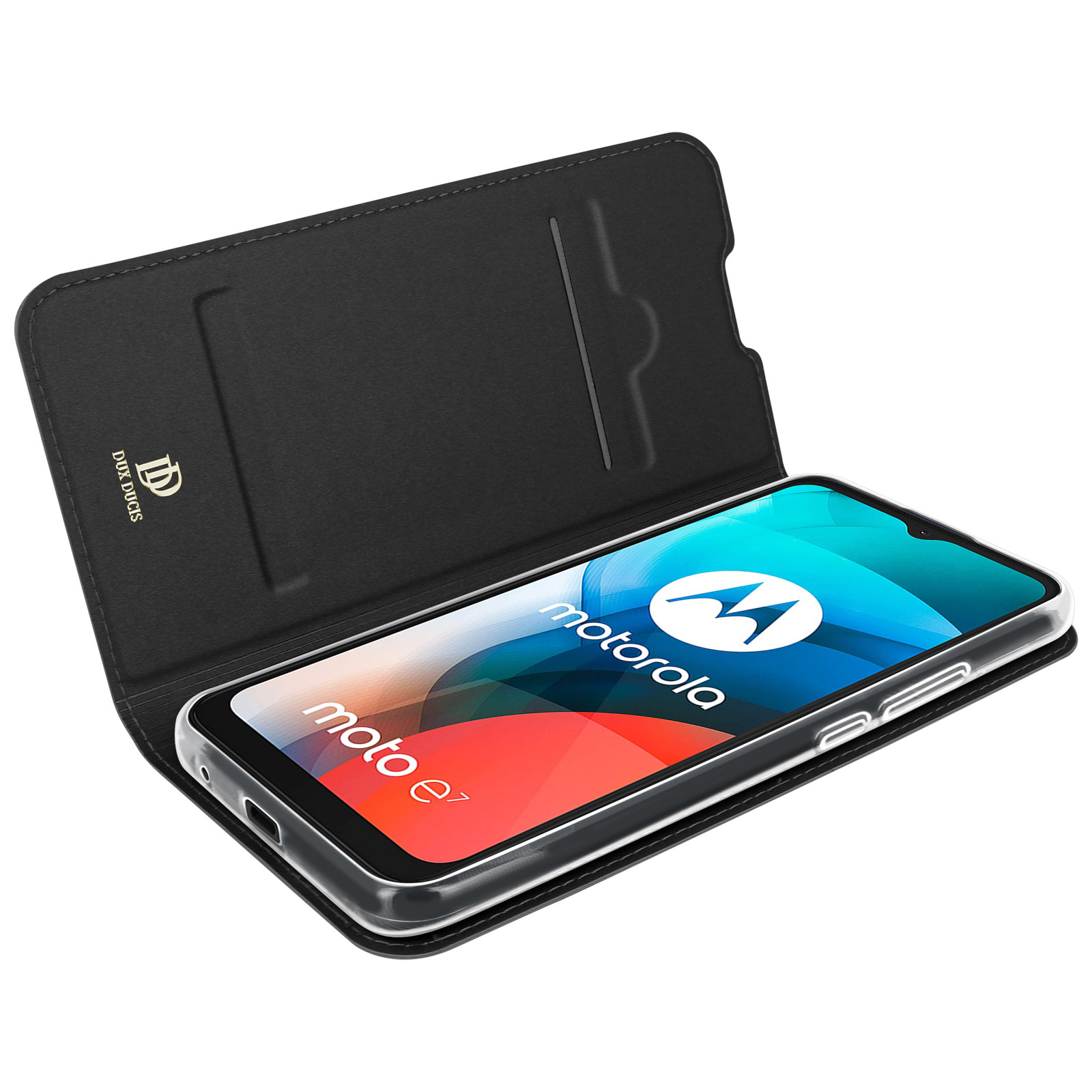 Una custodia per telefono nera con un telefono all'interno. Il telefono dice moto e sullo schermo.
