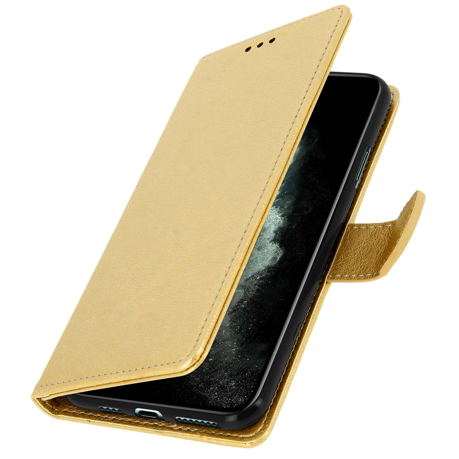 Coque de téléphone dorée, ouverte. Le téléphone est à l'intérieur. L'étui est en cuir.