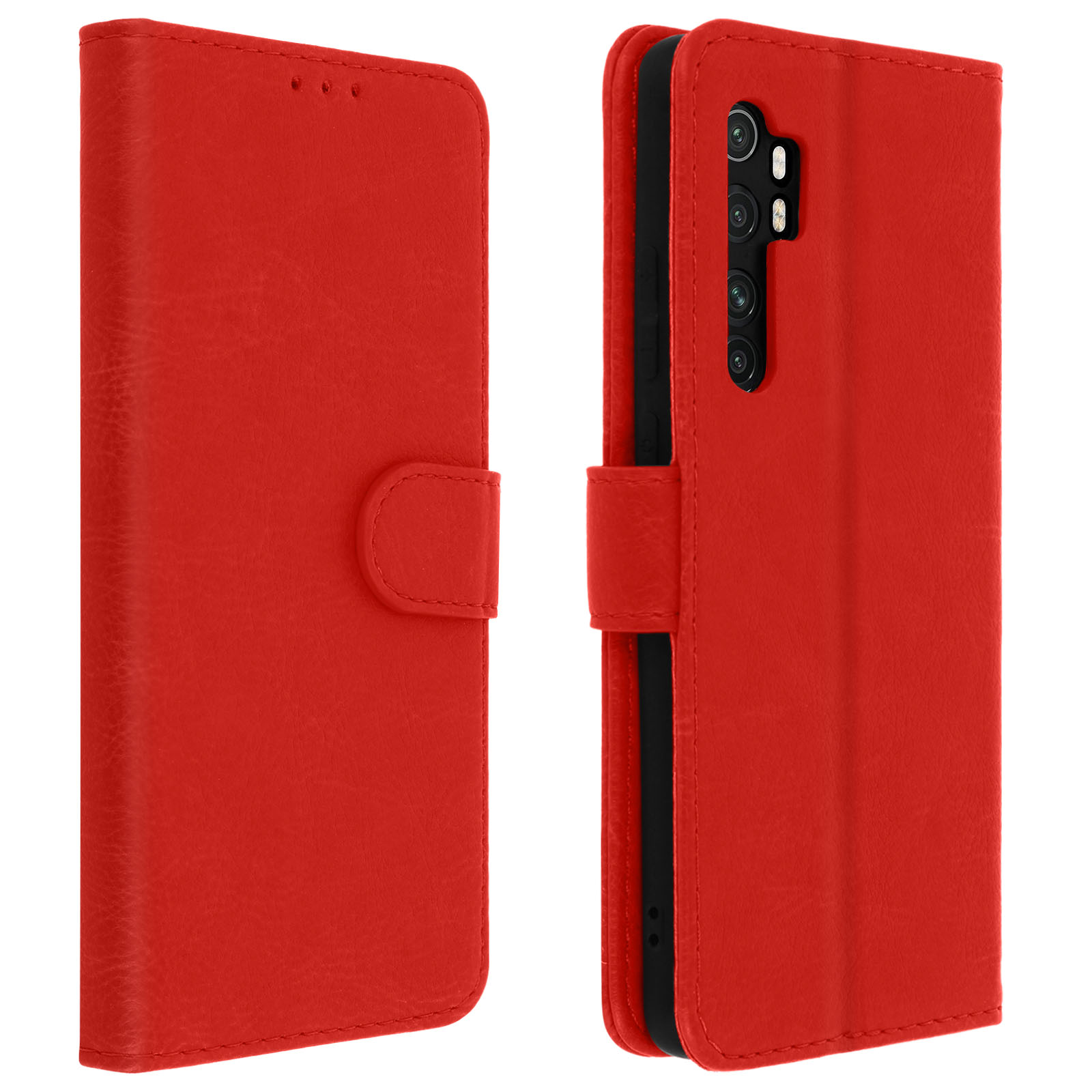 Custodia per telefono rossa, aperta e chiusa, che mostra il telefono e le caratteristiche della custodia.