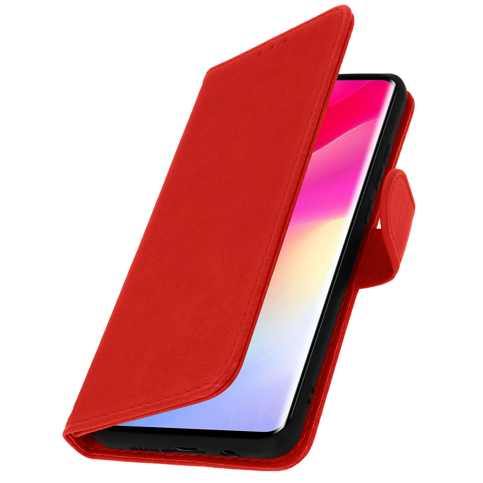 Custodia per telefono in pelle rossa, aperta, che mostra lo schermo del telefono. Il telefono è nero.
