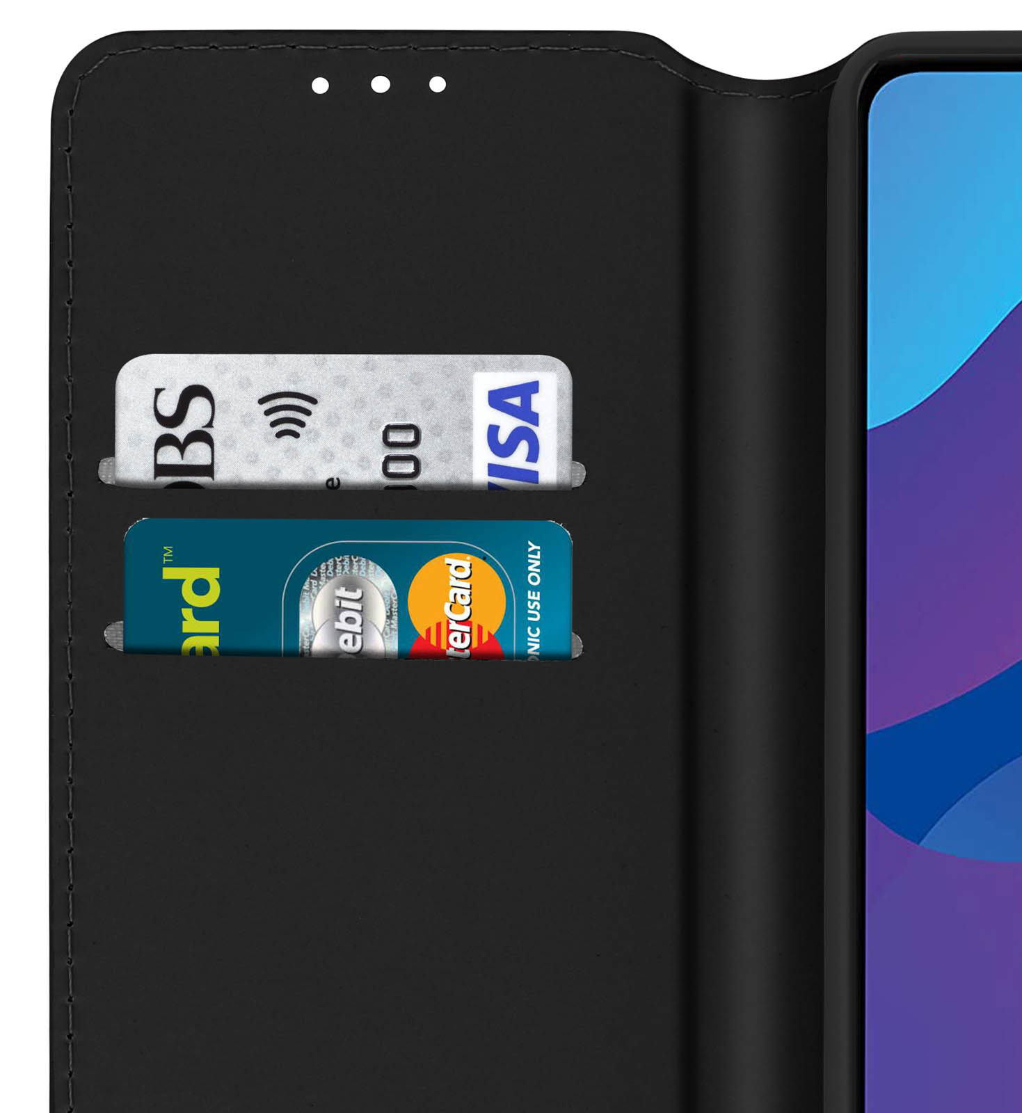 Una custodia nera per telefono con fessure per carte di credito, con carte all'interno.