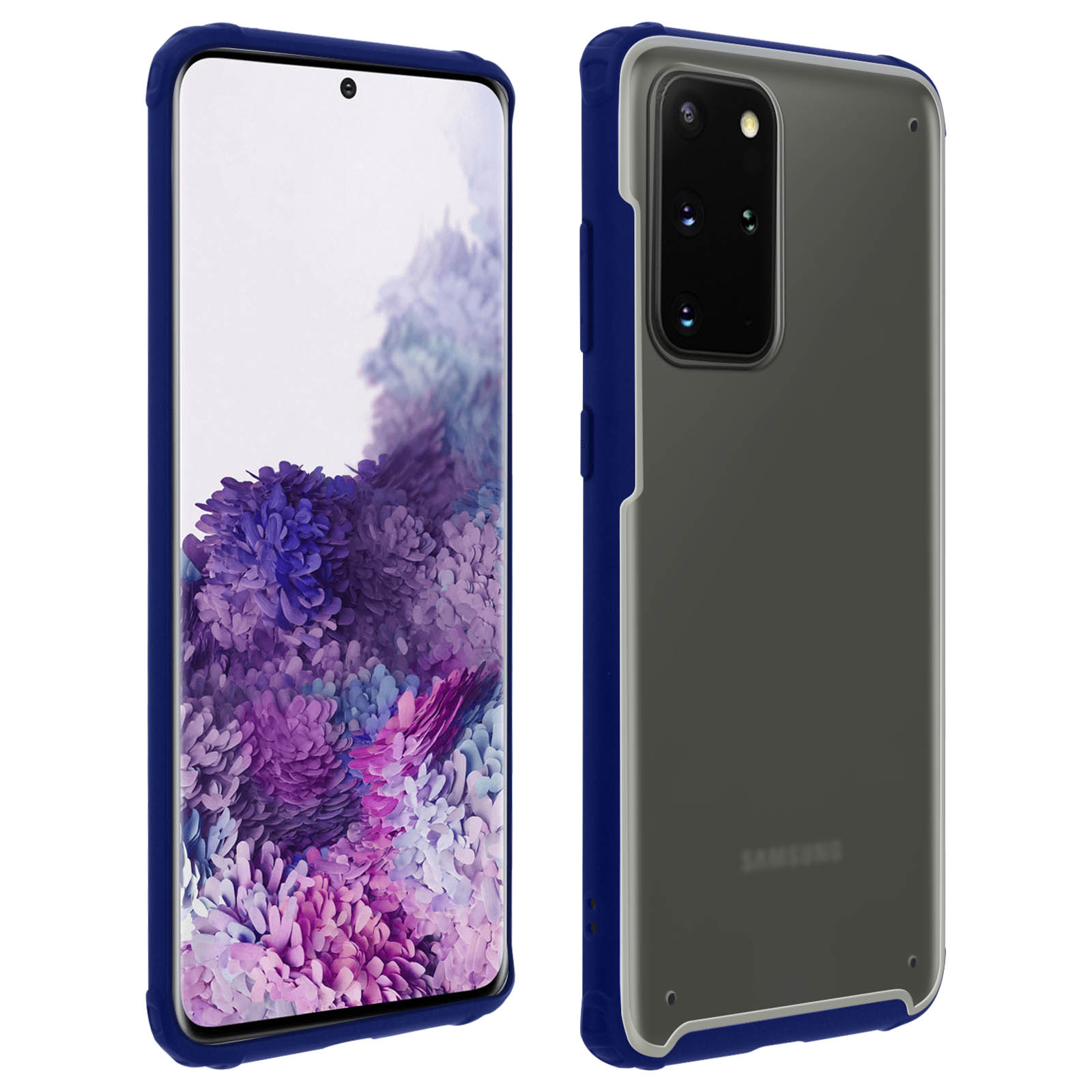 Due immagini di un telefono in una custodia blu e trasparente. Il telefono ha uno schermo viola.