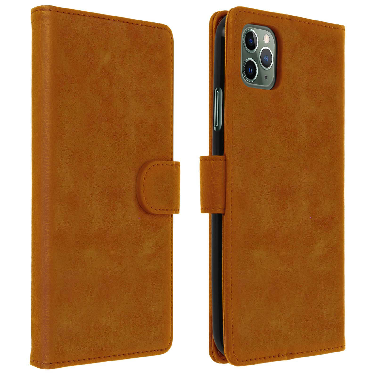 Étui de téléphone marron, ouvert pour révéler le téléphone. Il a une fermeture magnétique.