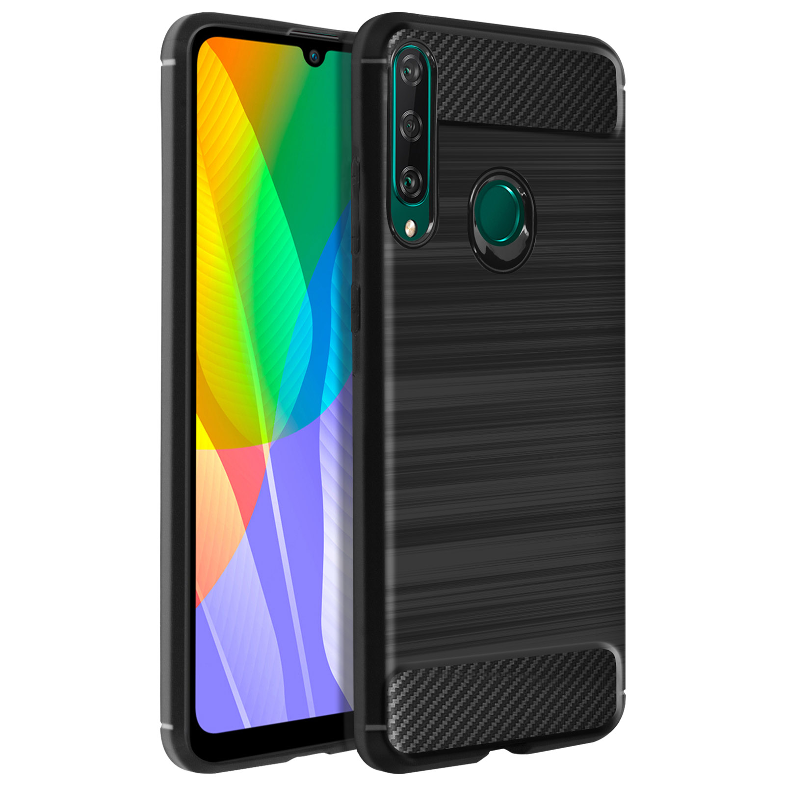 Una custodia nera per cellulare con retro testurizzato e un telefono parzialmente inserito per mostrare la vestibilità.