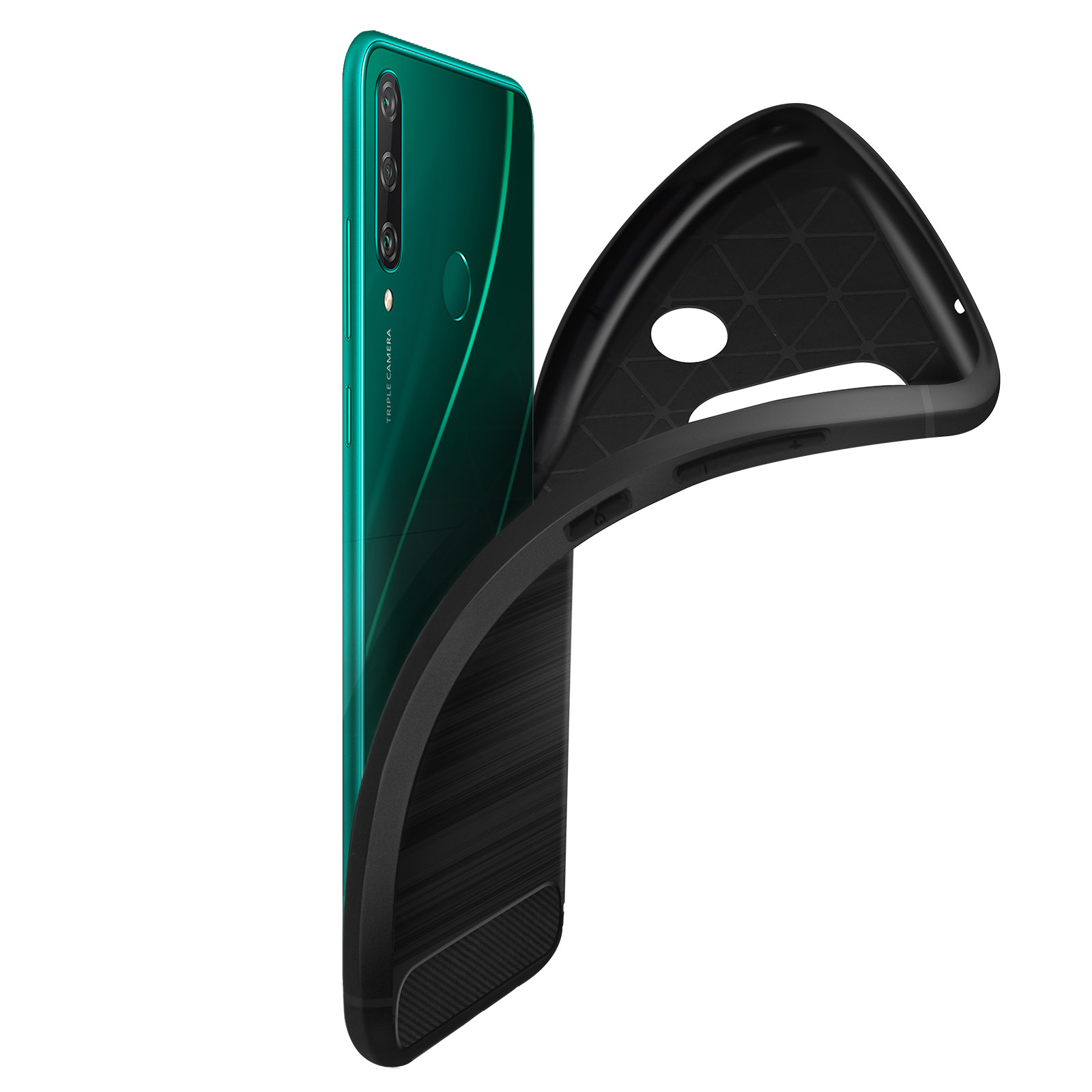 Smartphone verde con custodia nera. Retro del telefono e custodia visibili. Sfondo bianco.