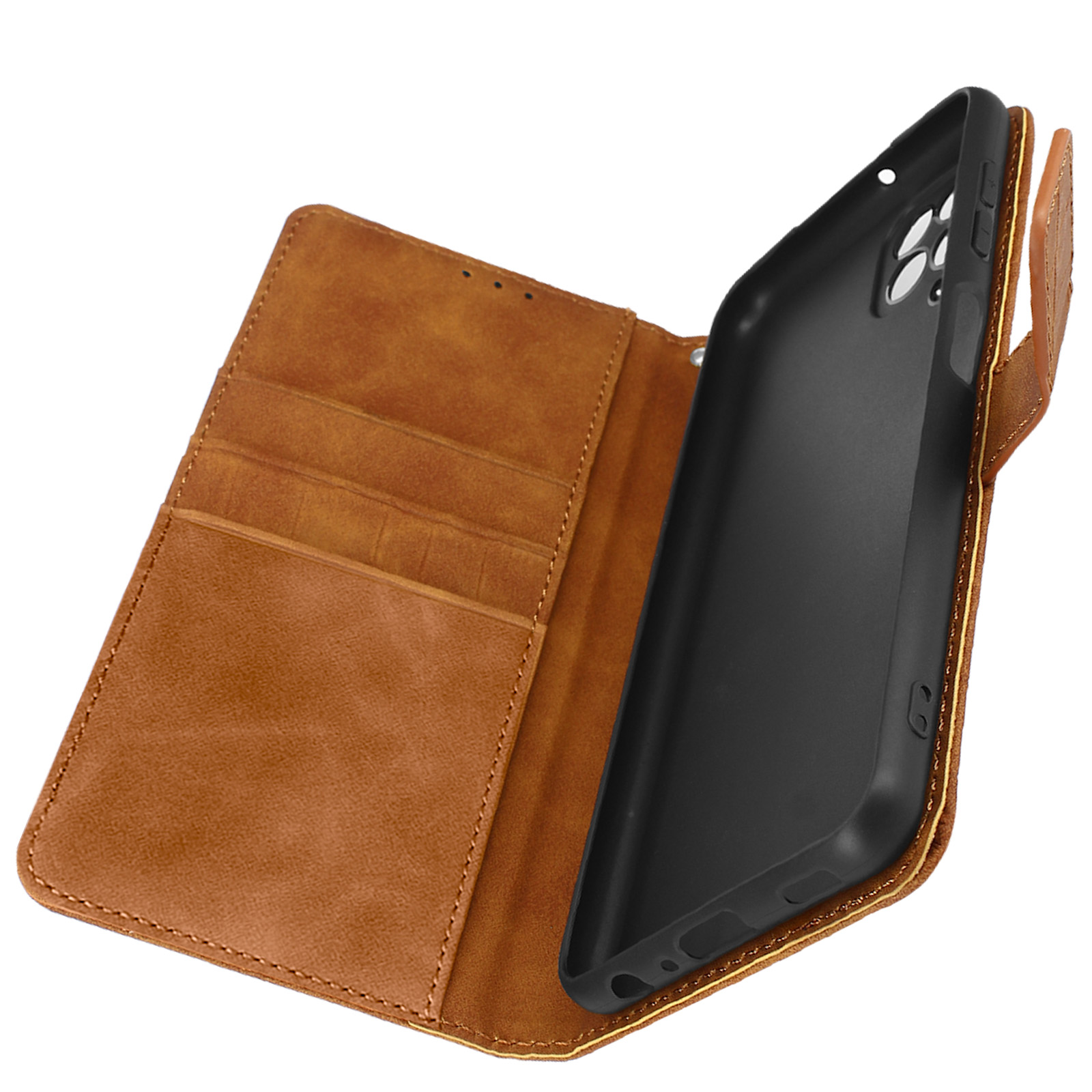 Funda de teléfono marrón con un teléfono dentro. La funda está abierta. Blanco.