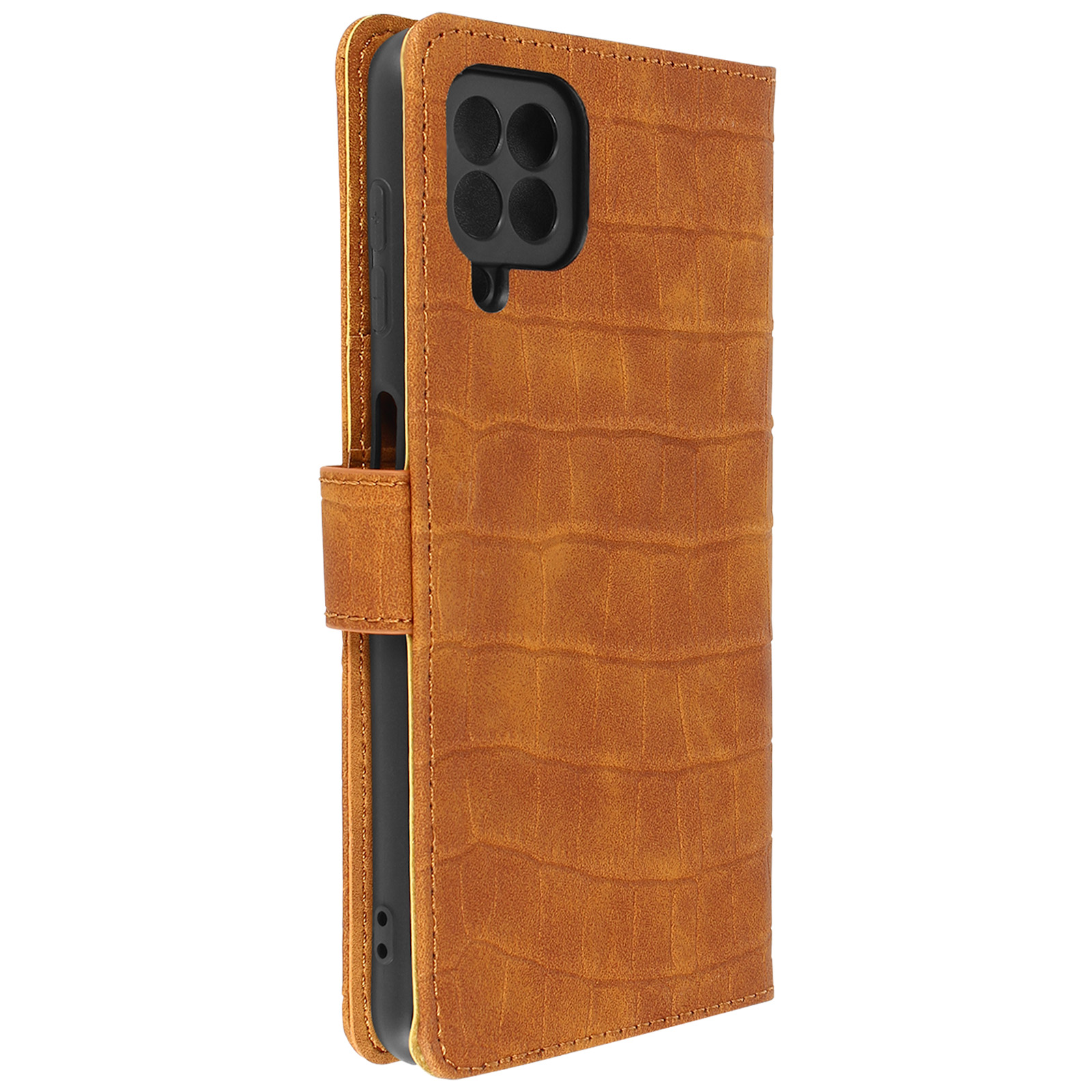 Funda de teléfono de cuero marrón, abierta, con teléfono dentro sobre fondo blanco.