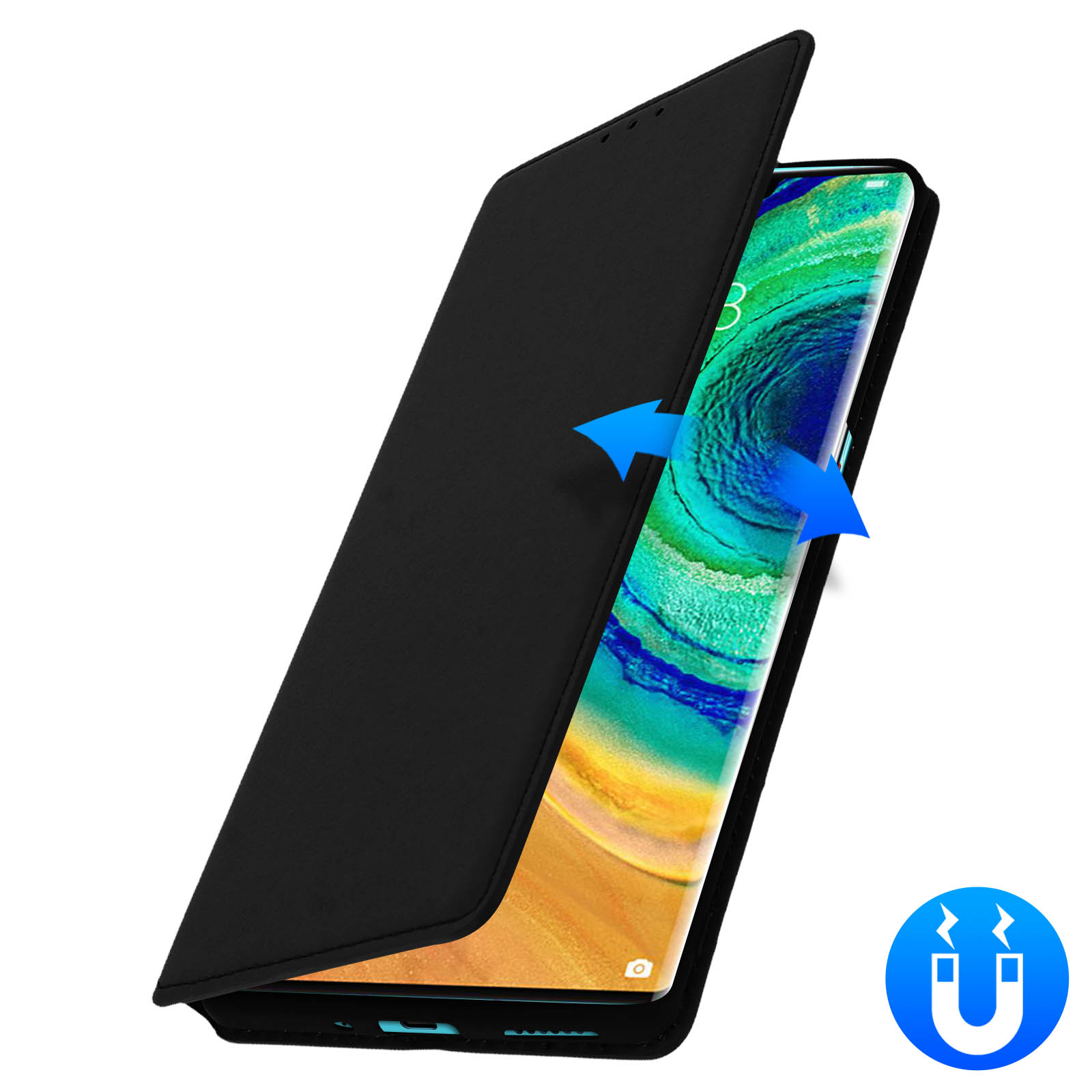 Una custodia per telefono nera, aperta, con frecce blu e un simbolo di magnete.