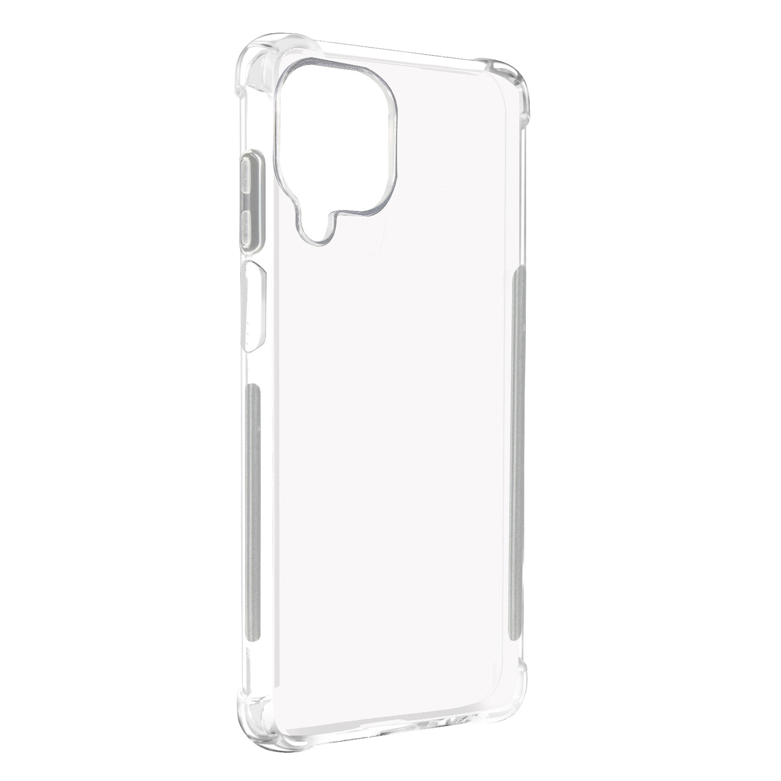 Una custodia trasparente per telefono con un design leggermente trasparente, isolata su sfondo bianco.