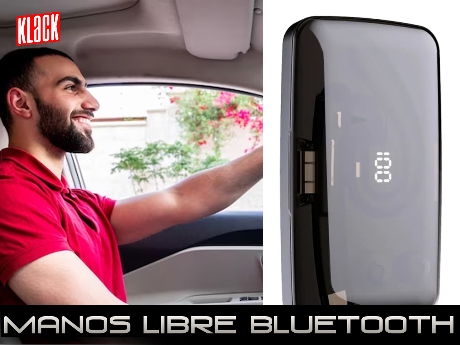 Un hombre conduciendo sonríe a la cámara, con un dispositivo Bluetooth manos libres visible.