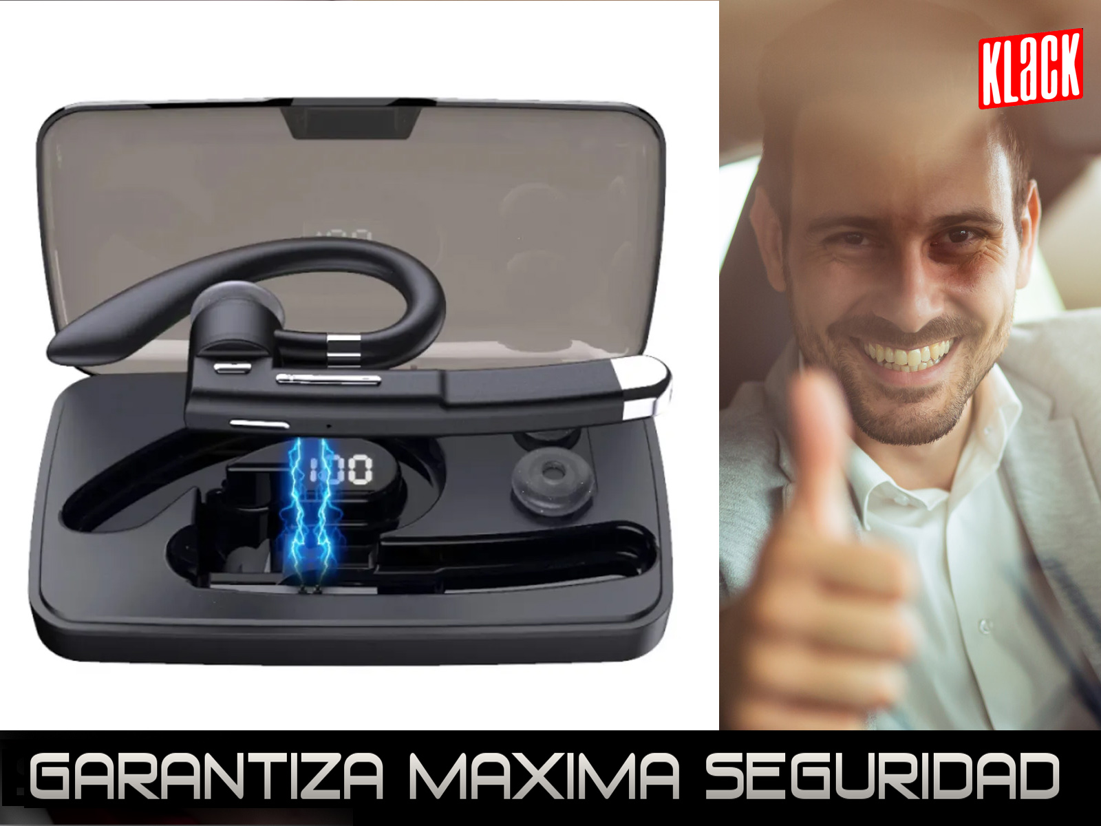 Un hombre sonriente da un pulgar hacia arriba. Un auricular negro y un estuche de carga están a la izquierda.