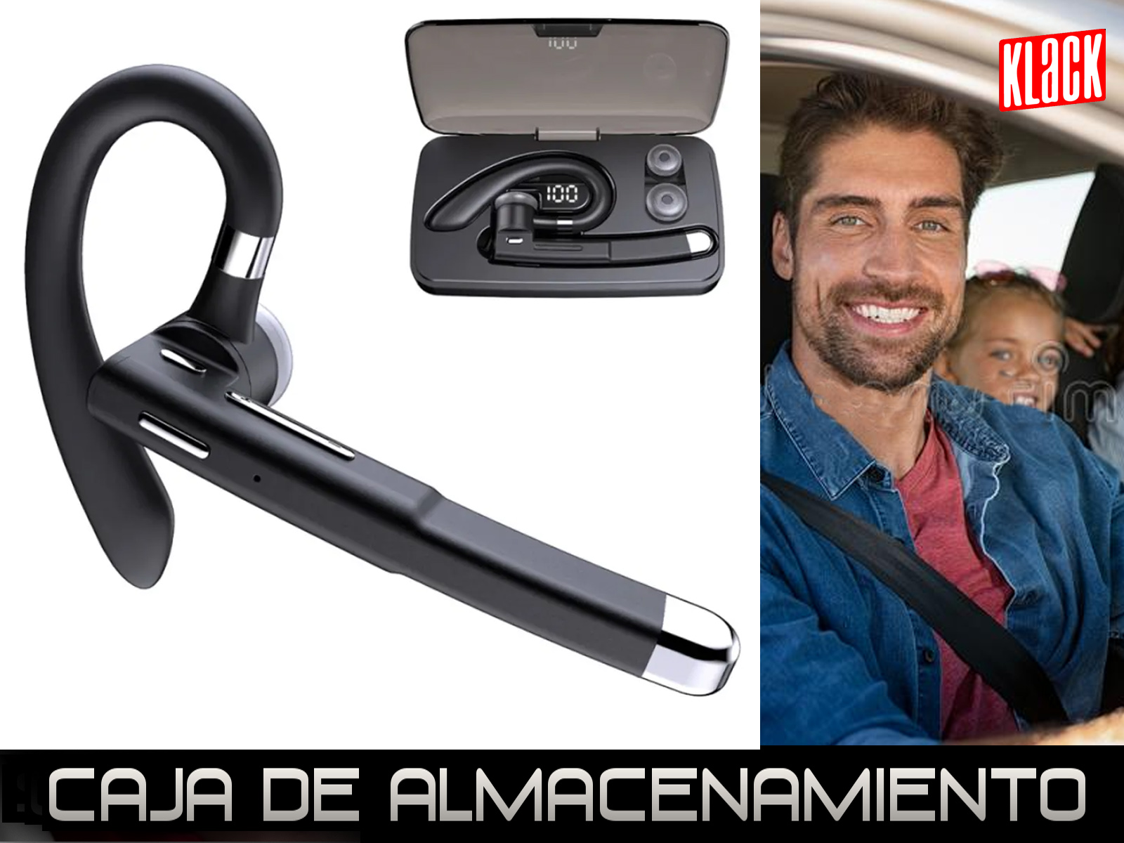 Auricular con estuche y hombre en coche con niño, texto negro en la parte inferior.