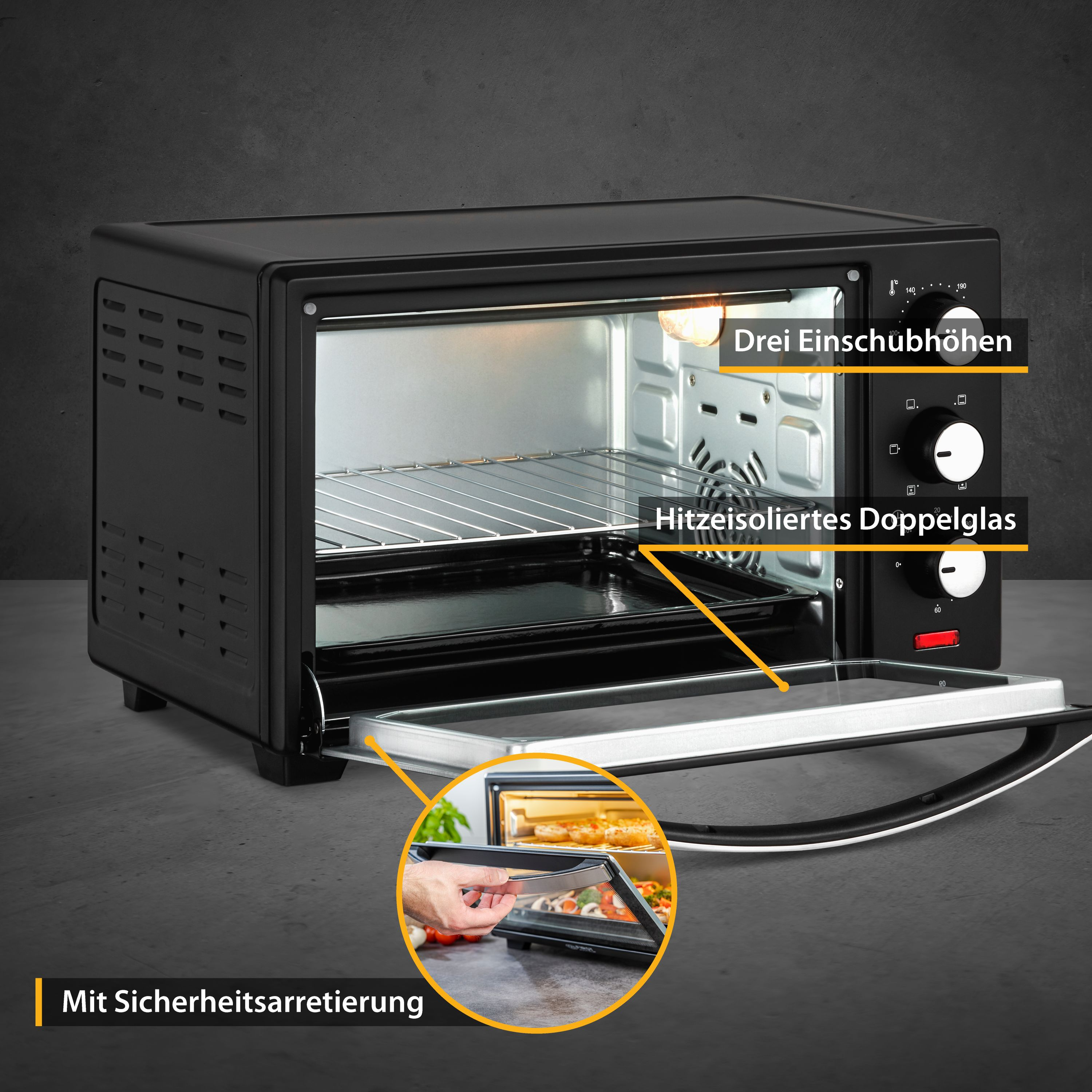 Schwarzer Ofen mit Etiketten, die drei Regalebenen, eine doppelverglaste Tür und eine Sicherheitsverriegelung angeben.